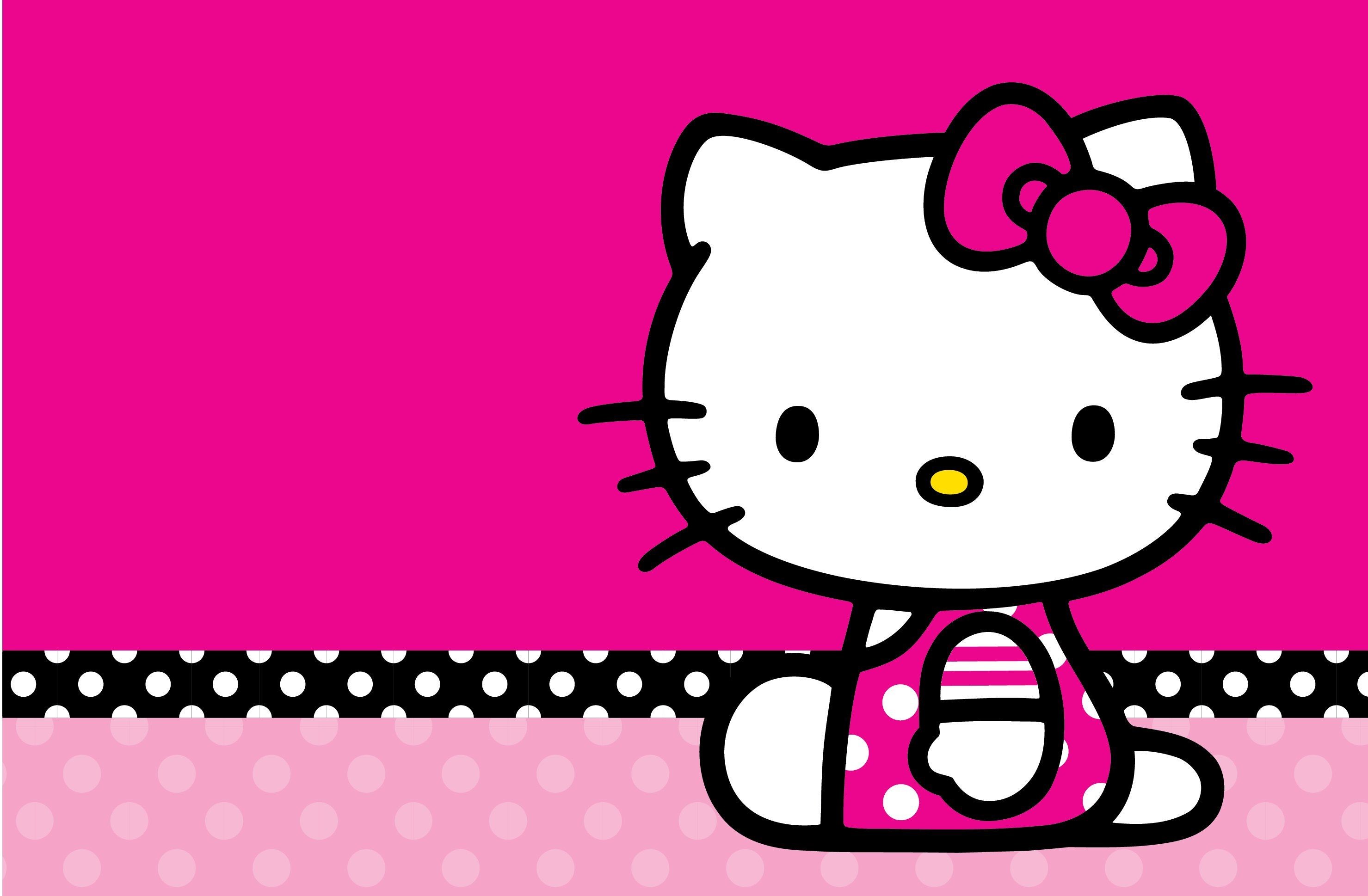 Hello Kitty, Sanrio, Fucsia, Pois, Fiocco rosa, 2K, sfondo per PC