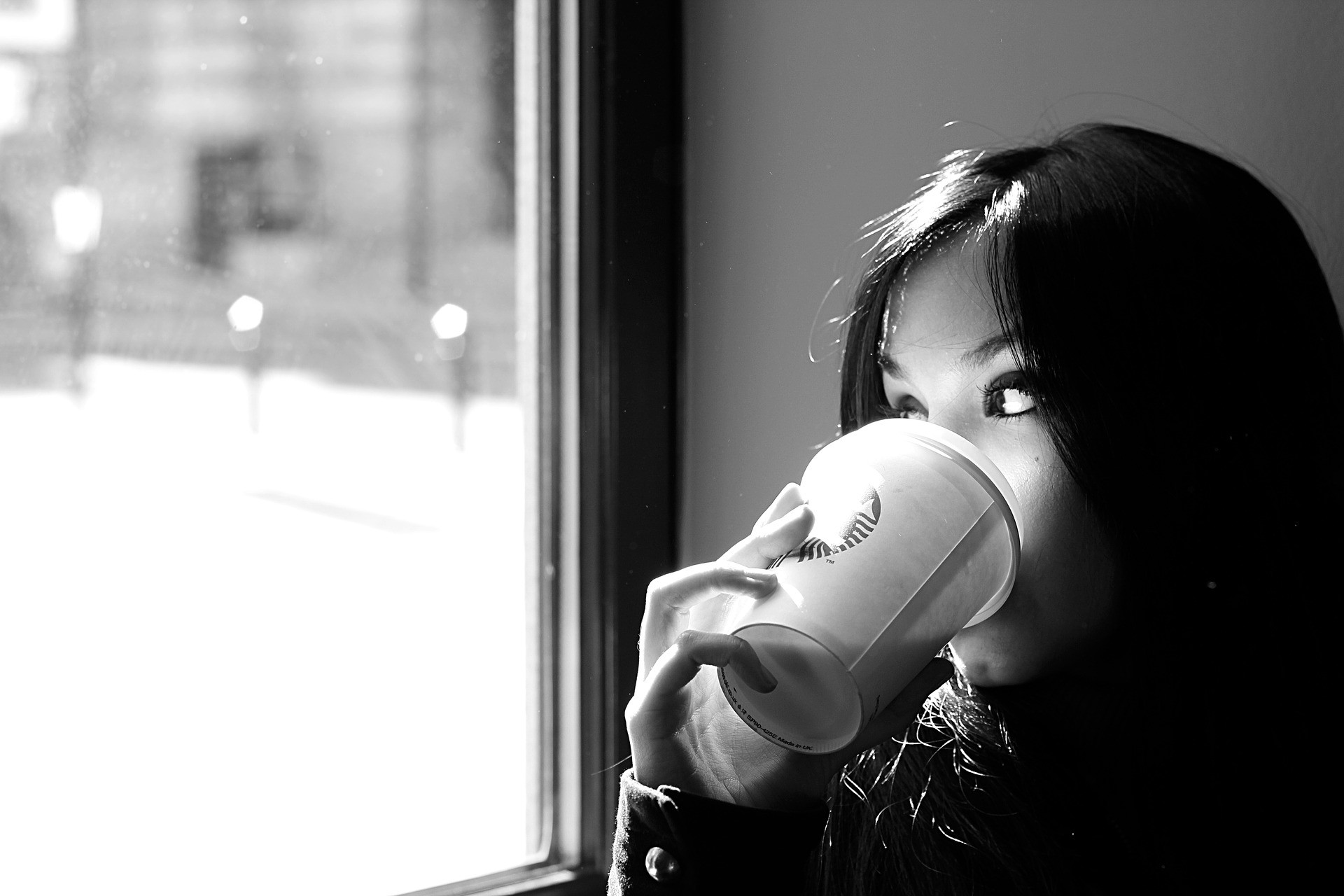 Ragazza, Tazza, Finestra, Bianco e nero, Full HD, sfondo per PC e portatile