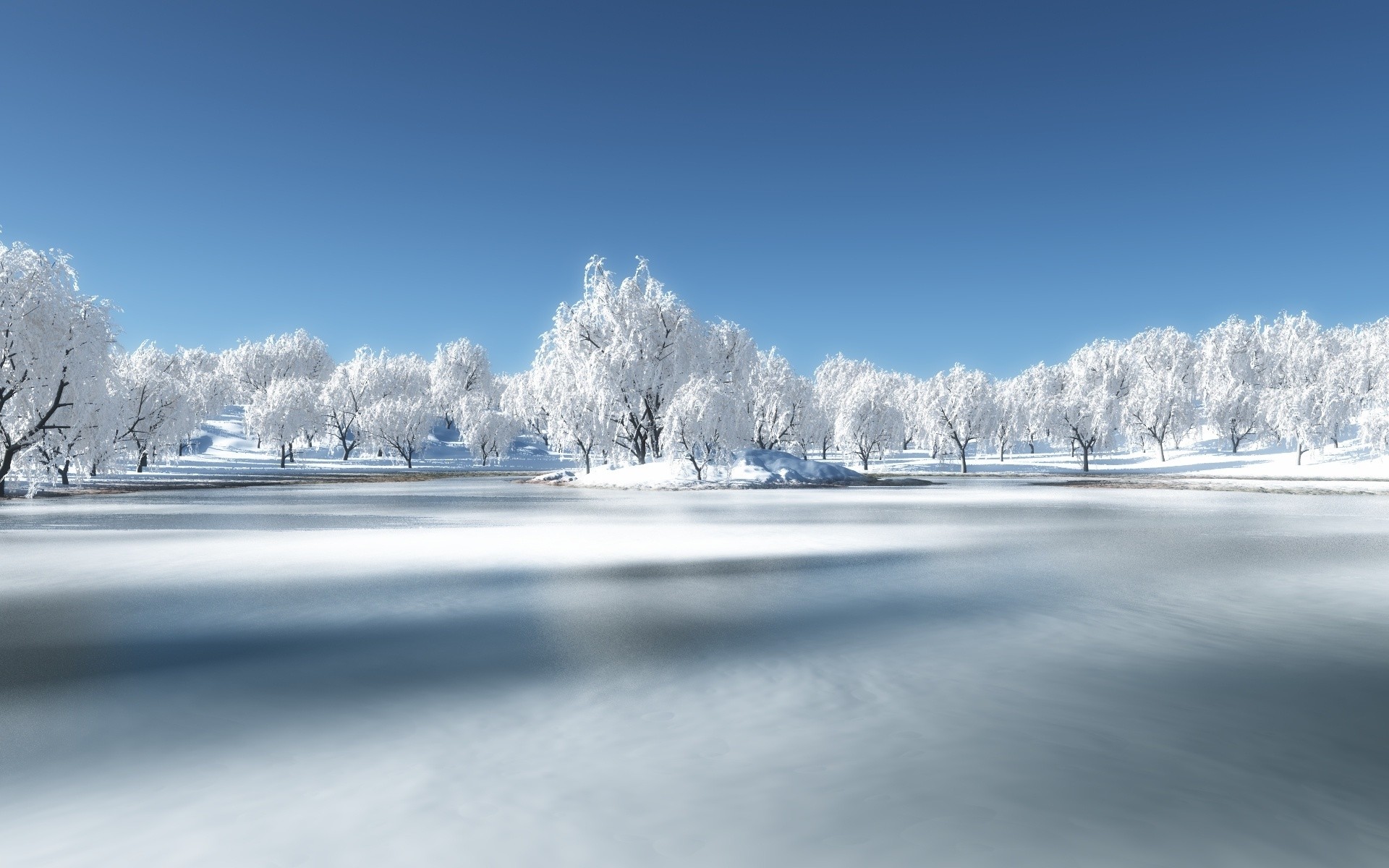Alberi innevati, Lago ghiacciato, Cielo blu, Inverno, sfondo per il tuo desktop
