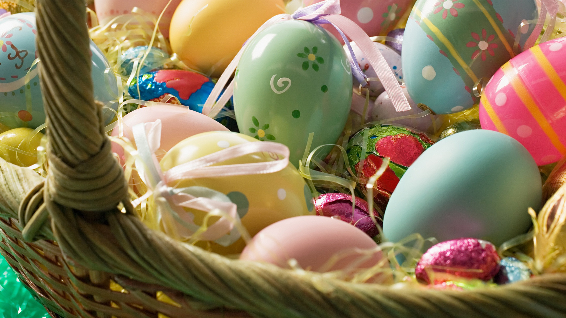 Cestino di Pasqua, Uova di Pasqua, Ovetti di cioccolato, 16:9 Full HD, sfondo widescreen