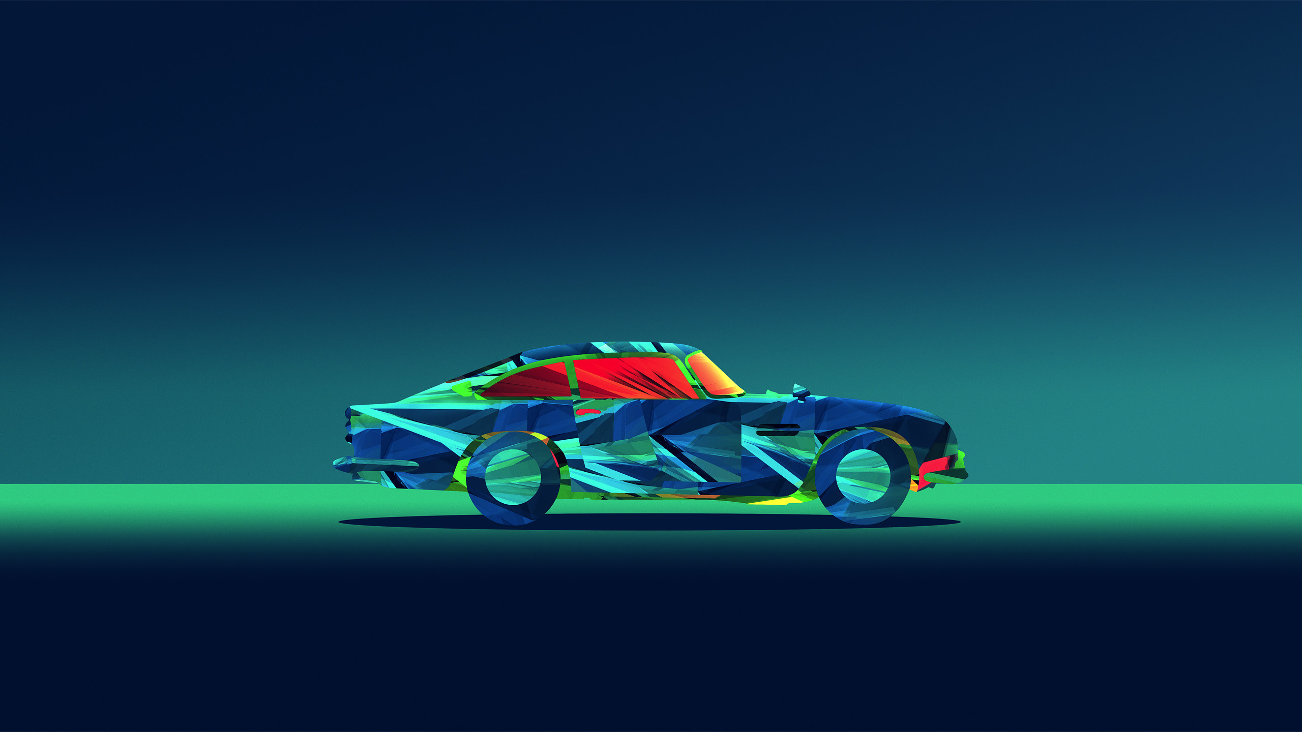 Muscle car, Auto d'epoca, Low poly, Verde neon, 2K, sfondo per portatile