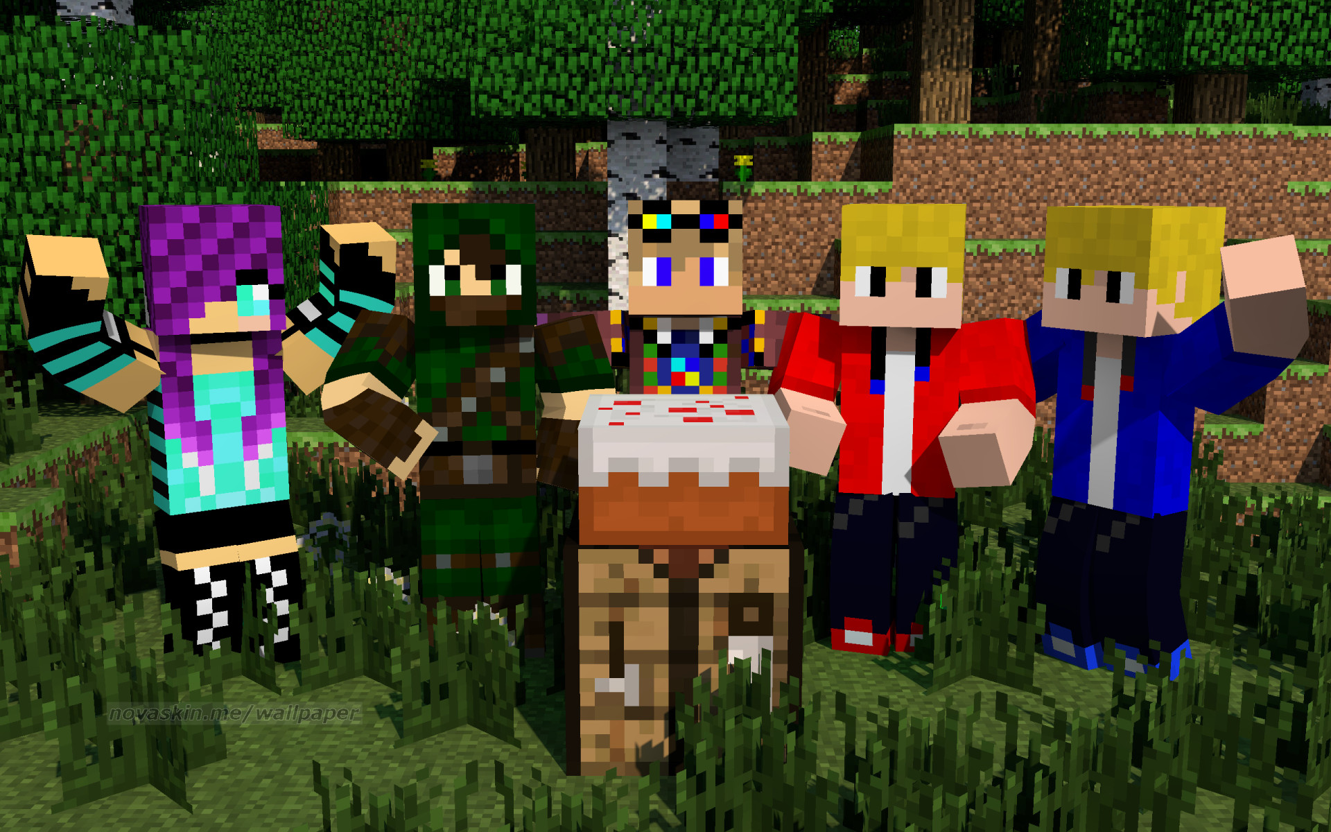 Minecraft, Skin, Gruppo, Torta, Prato, 16:10 Full HD, wallpaper widescreen
