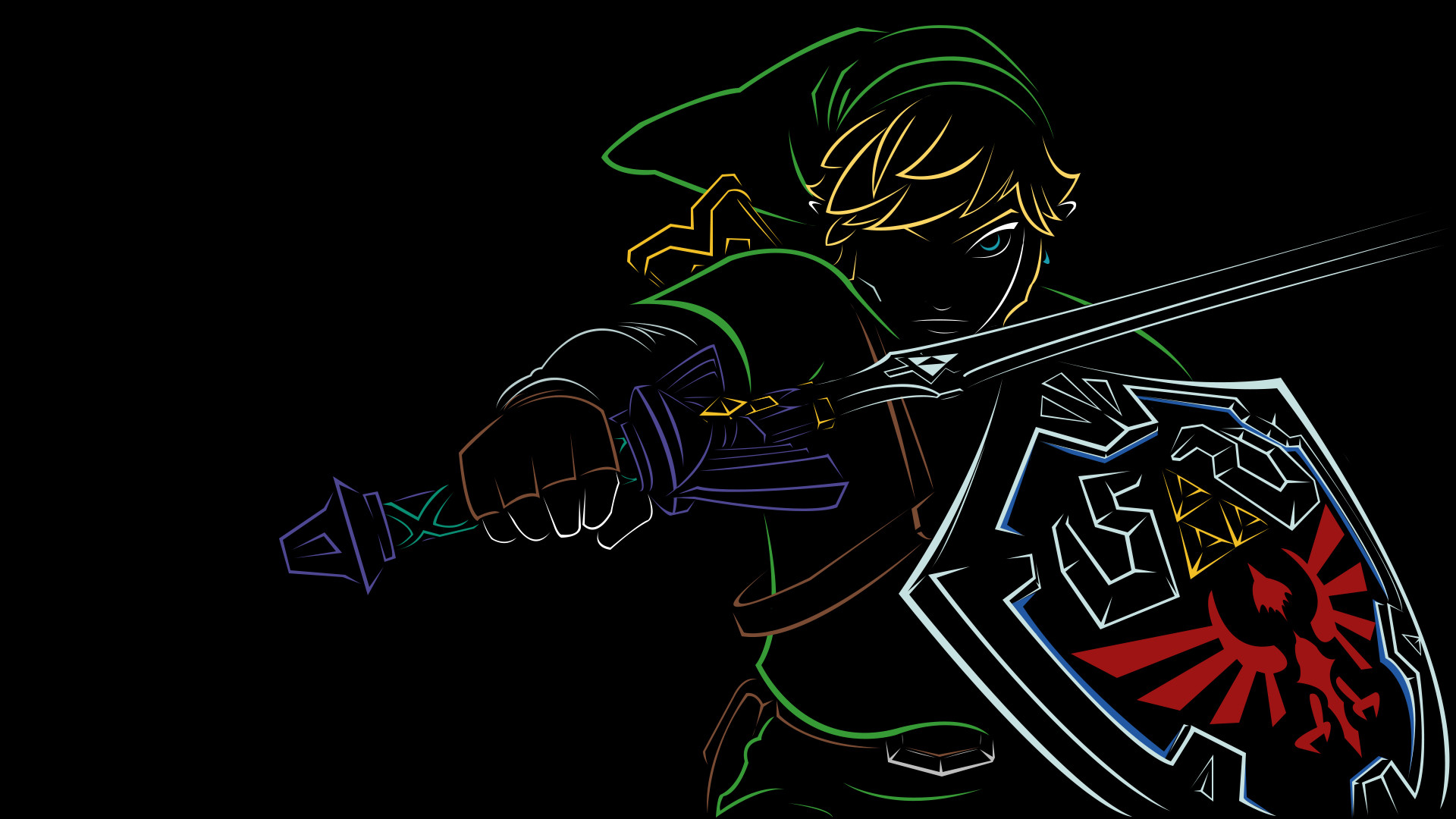 Link, Scudo Hylia, Line art, Sfondo nero, 1920x1080, wallpaper desktop