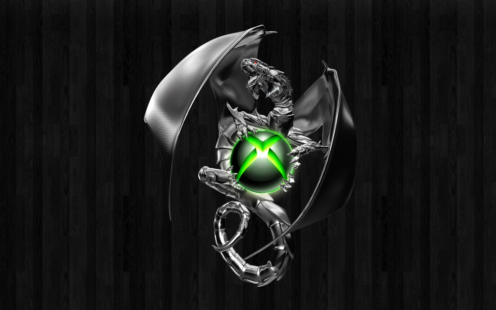 Logo Xbox, Drago, Cromato, Legno scuro, Full HD, sfondo per PC e portatile