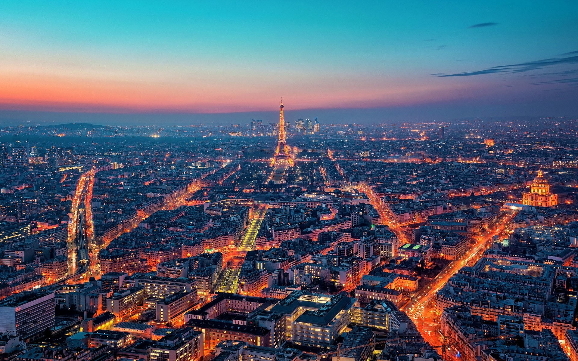 Torre Eiffel, Parigi, Vista aerea, Crepuscolo, 1920x1200, immagine di sfondo