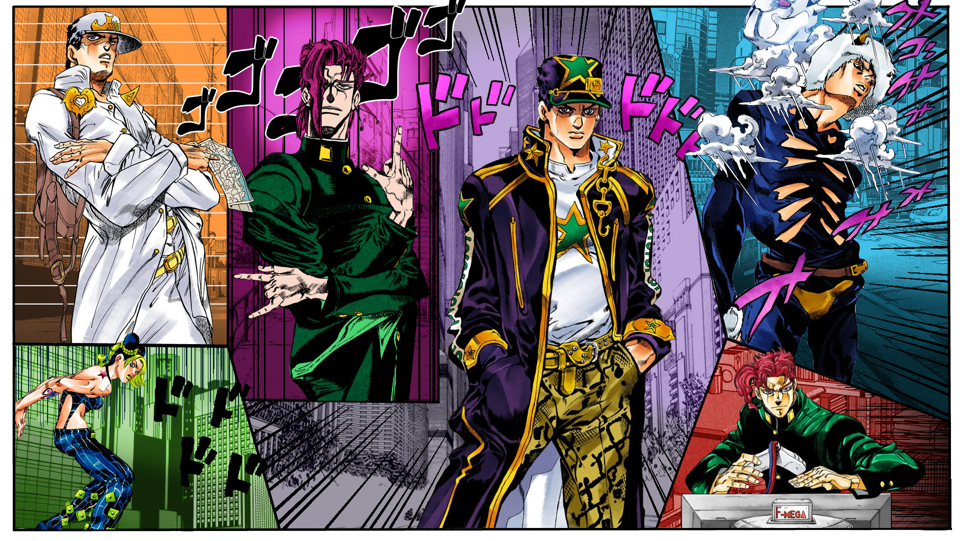 Le bizzarre avventure di JoJo, Stardust Crusaders, Jotaro Kujo, Polnareff, Kakyoin, Stile manga, sfondo per PC