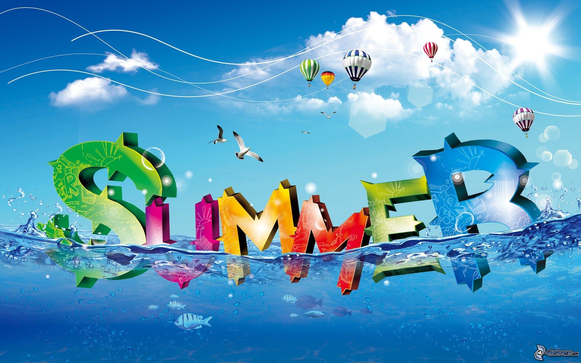 Summer, Tipografia 3D, Mongolfiere, Mare, Estate, 1920x1200, sfondo per PC