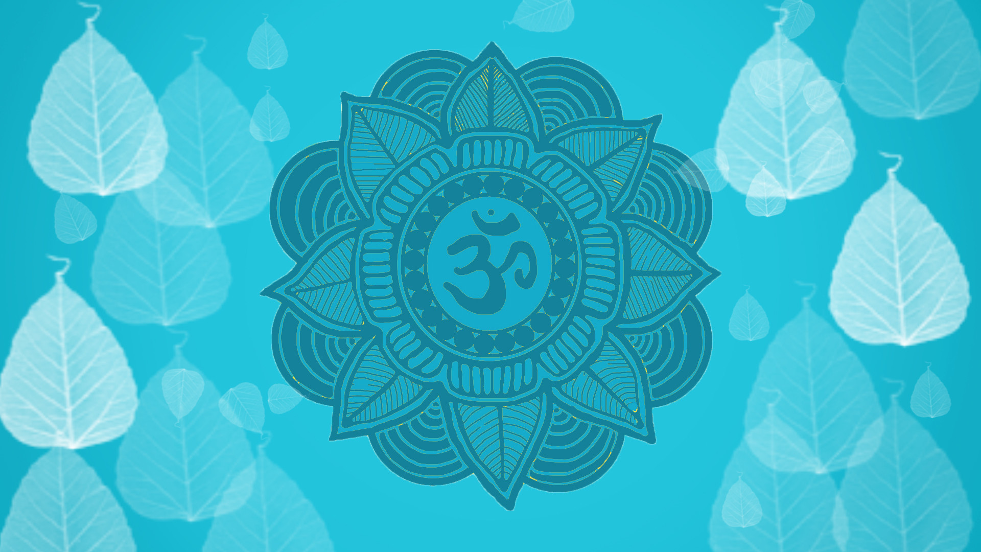 Om, Mandala, Foglie di bodhi, Sfondo azzurro, 1920x1080, wallpaper desktop