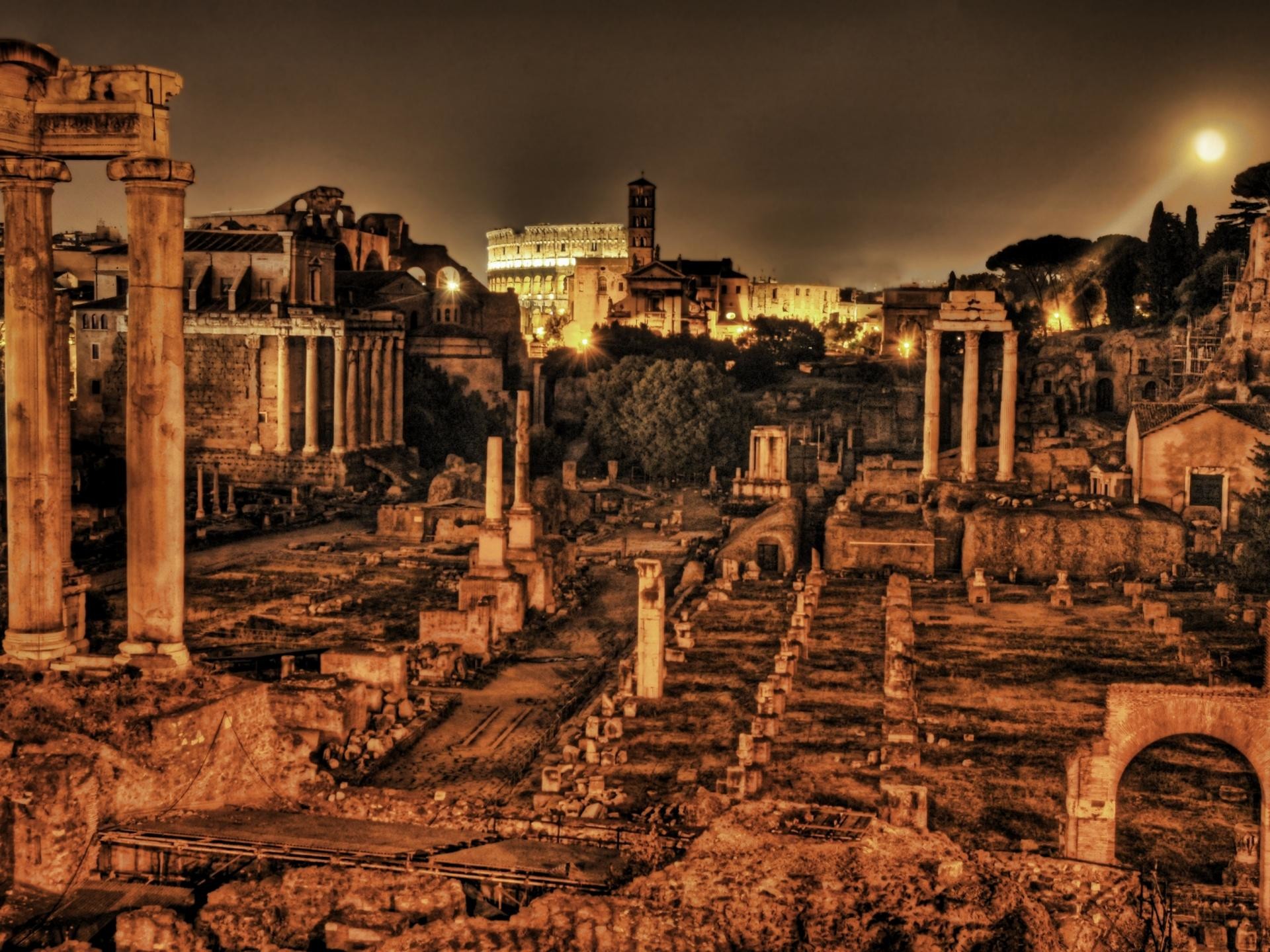 Foro Romano, Roma, Rovine antiche, Notte, sfondo per iPad e tablet