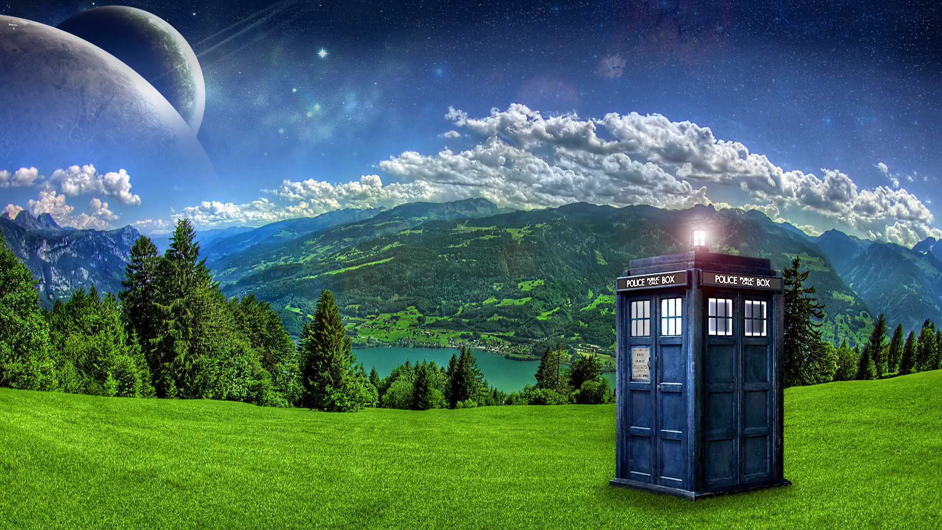 TARDIS, Doctor Who, Prato, Montagne, Lago, Full HD, sfondo per PC e portatile