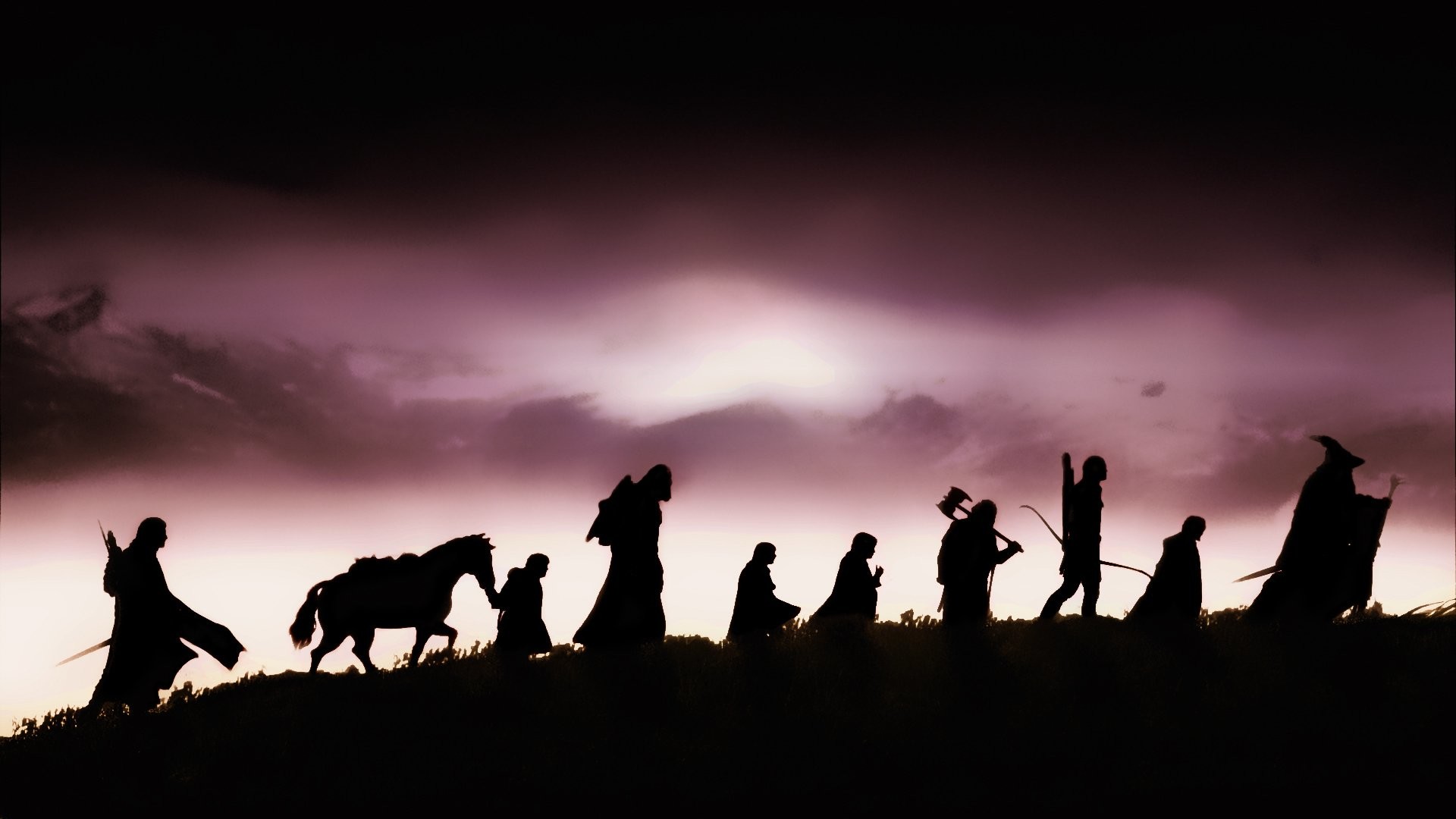 Compagnia dell'Anello, Il Signore degli Anelli, Silhouette, Tramonto, sfondo Windows 11