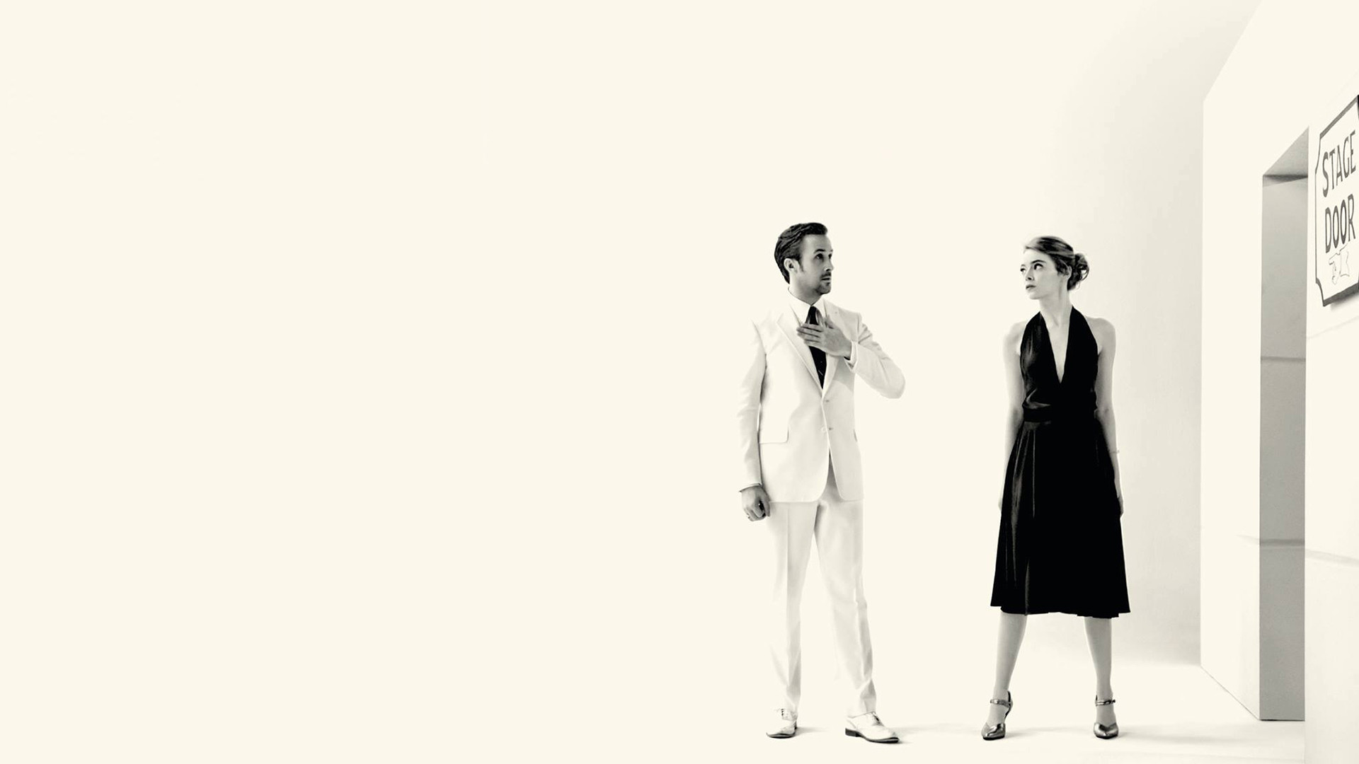La La Land, Ryan Gosling, Emma Stone, Bianco e nero, Abito bianco, sfondo 16:9 Full HD