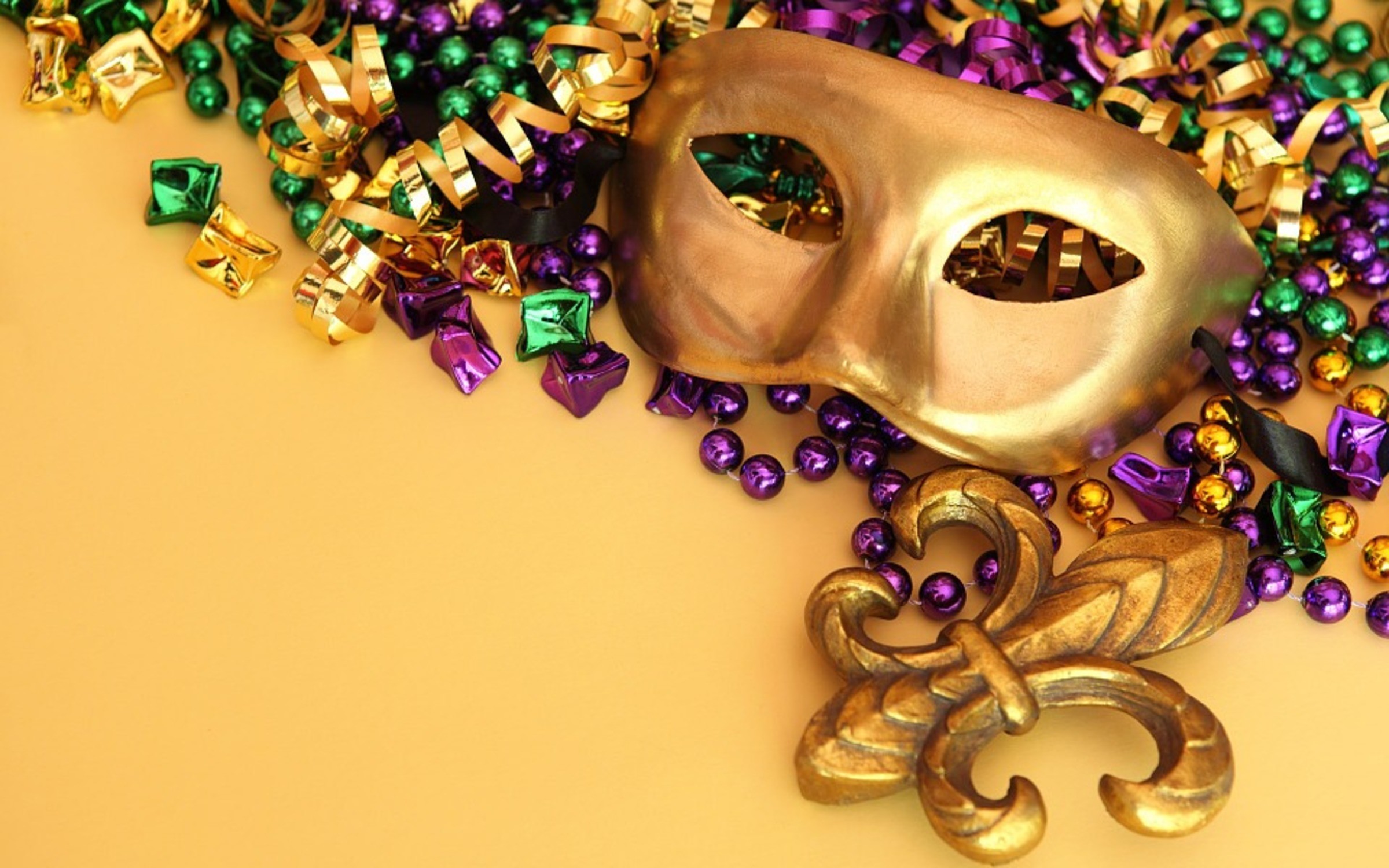 Mardi Gras, Maschera dorata, Perline, Giglio, 2400x1500, sfondo MacBook Pro