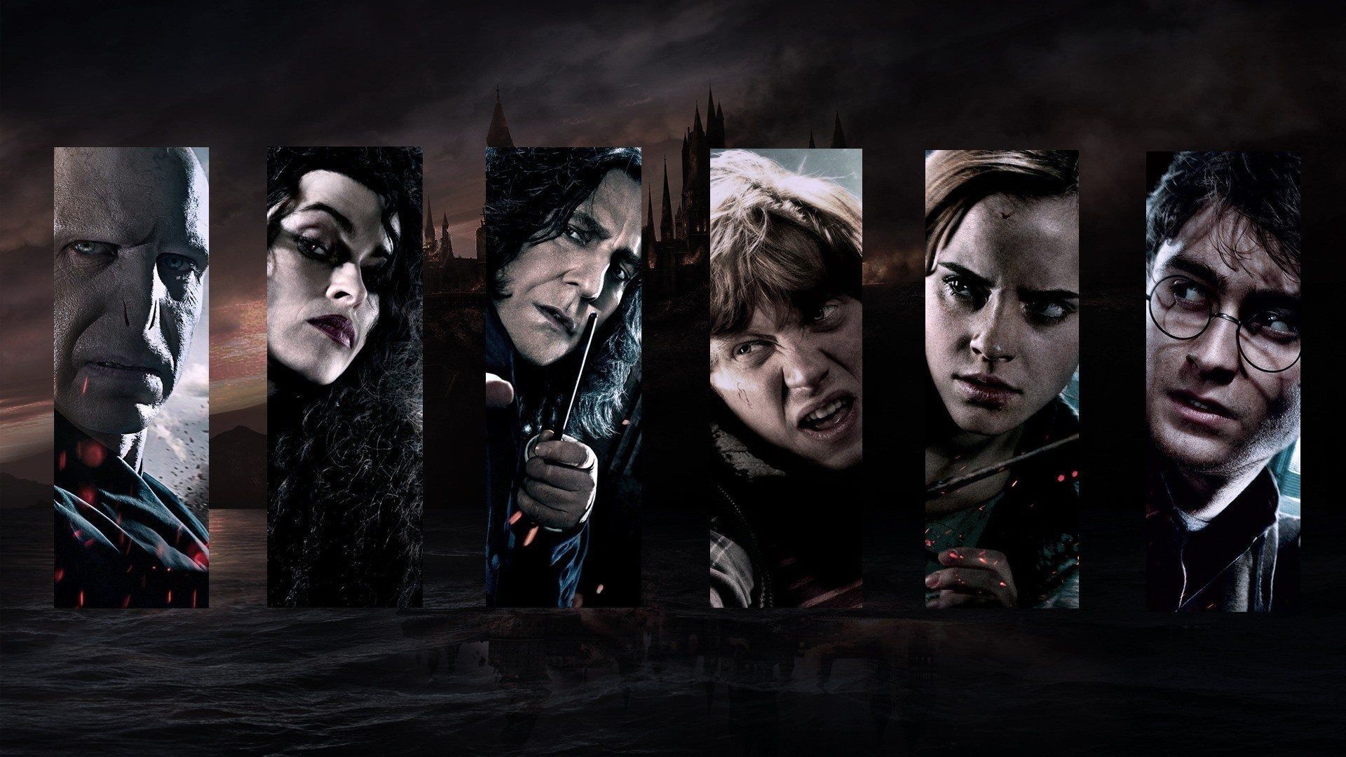 Harry Potter, Lord Voldemort, Bellatrix Lestrange, Severus Piton, Hermione Granger, Ron Weasley, sfondo 1080p