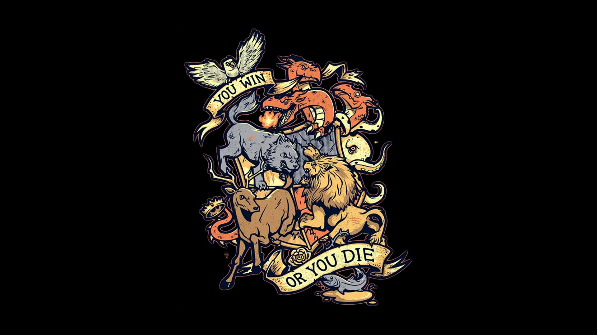 Game of Thrones, You win or you die, Stemmi delle casate, Illustrazione, sfondo widescreen Full HD