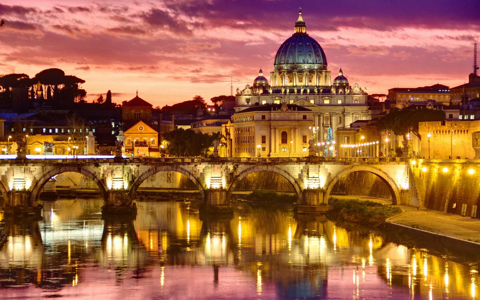 Basilica di San Pietro, Ponte Sant'Angelo, Tevere, Roma, Tramonto, sfondo per portatile
