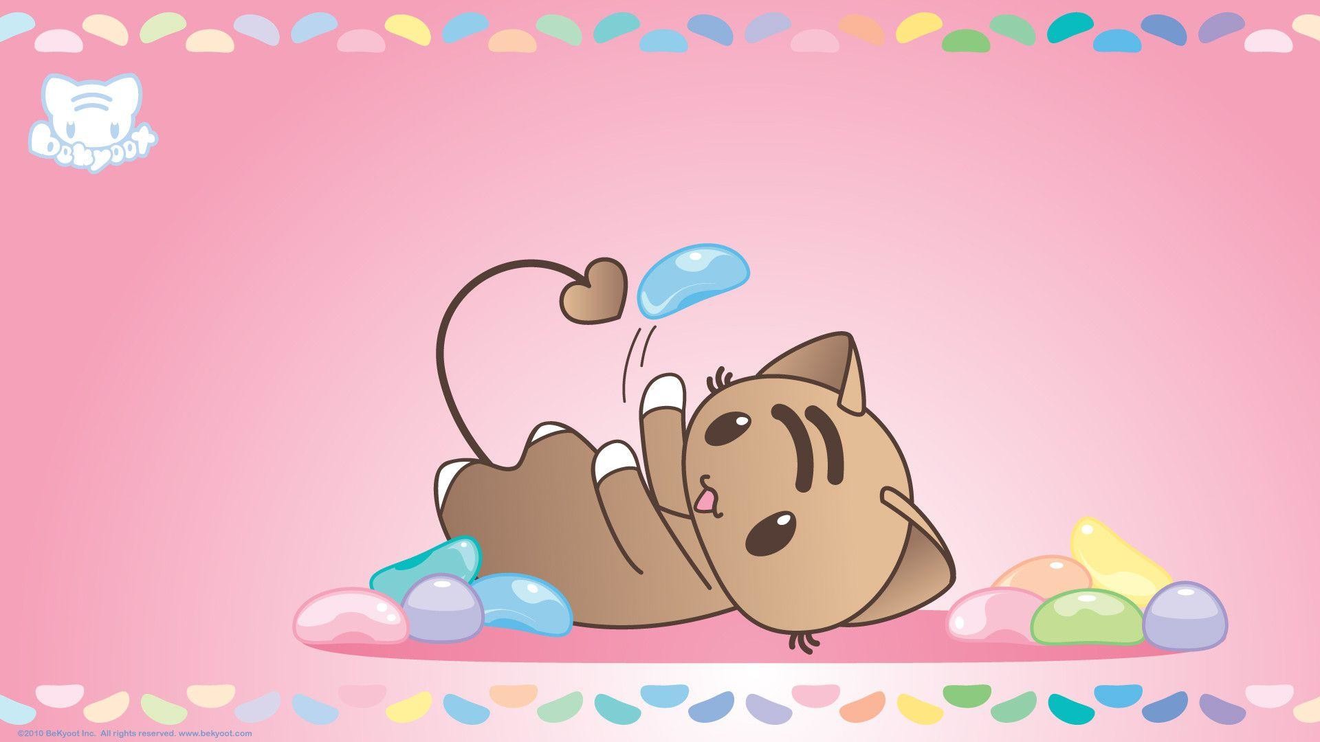 Gattino kawaii, Caramelle, Gelatine, Rosa, Illustrazione, Full HD, sfondo per PC e portatile