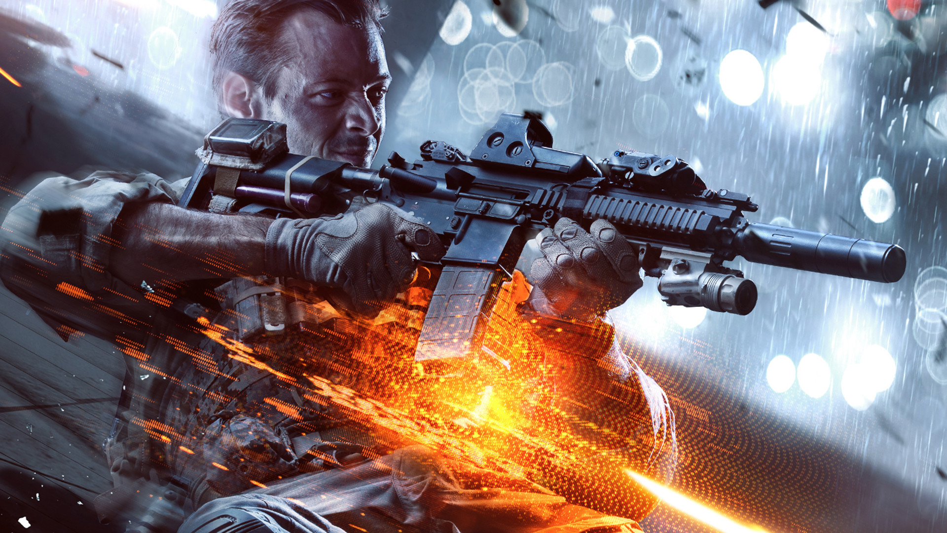 Battlefield 4, Soldato, Fucile d'assalto, Primo piano, Scintille, sfondo Full HD per PC