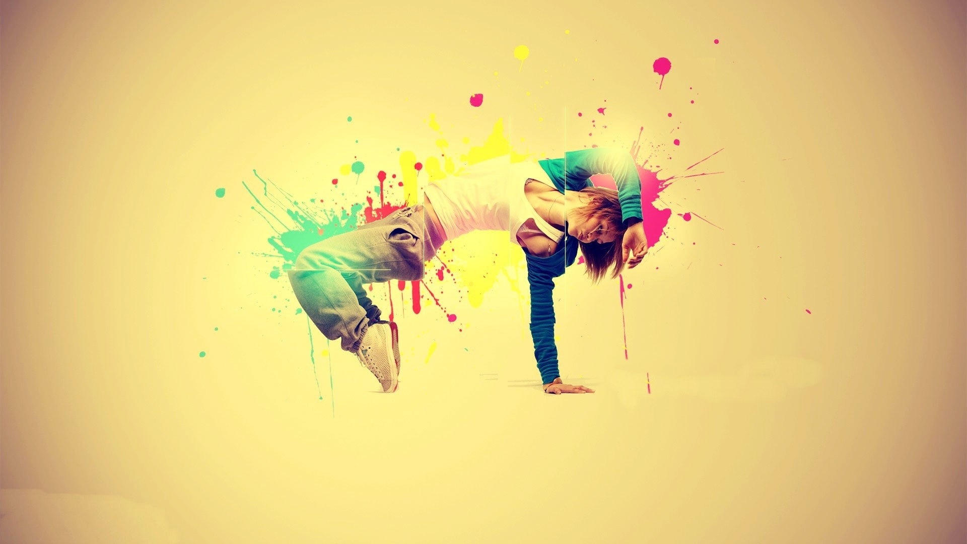 Breakdance, Schizzi di colore, Sfondo giallo, Arte digitale, 1920x1080, wallpaper desktop