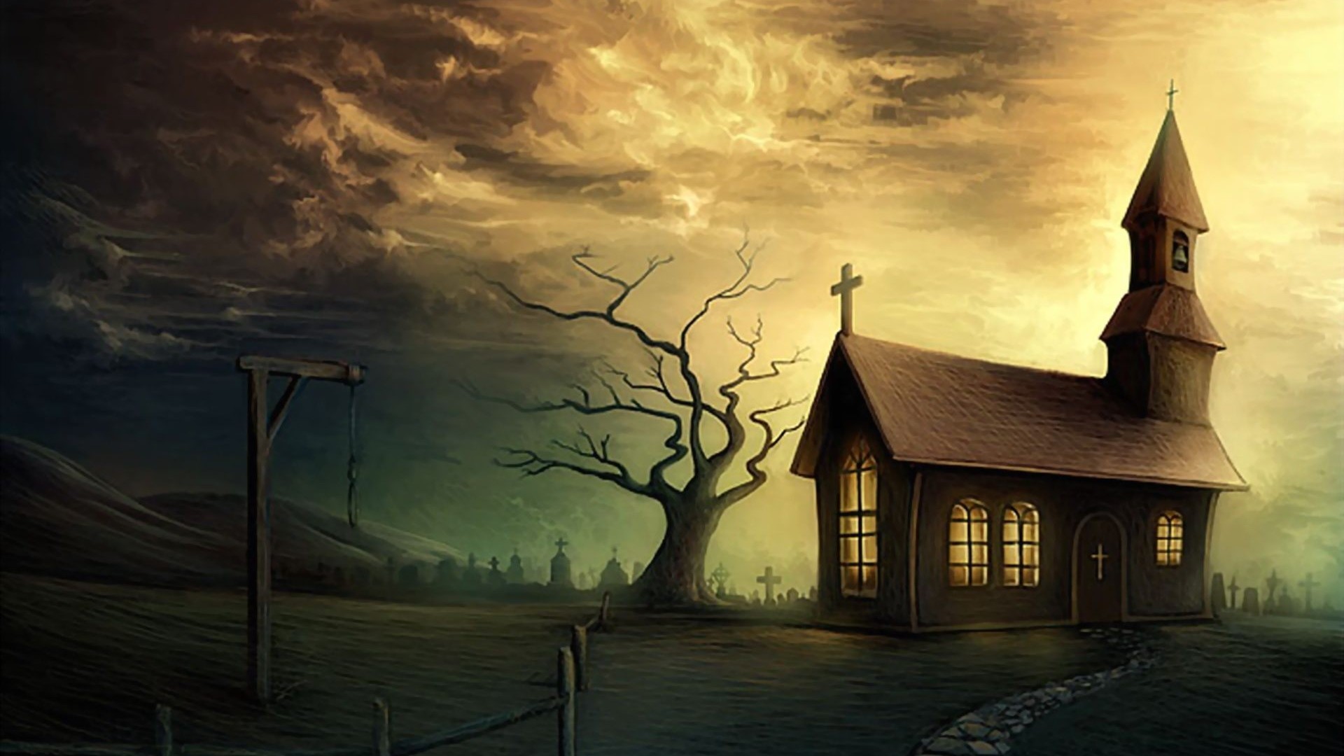 Chiesa, Albero secco, Forca, Cimitero, Full HD 1080p, sfondo desktop