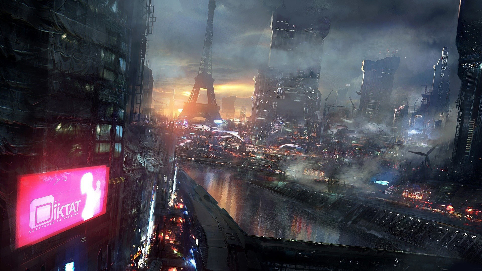 Parigi, Torre Eiffel, Città futuristica, Cyberpunk, Tramonto, Full HD 1080p, sfondo desktop