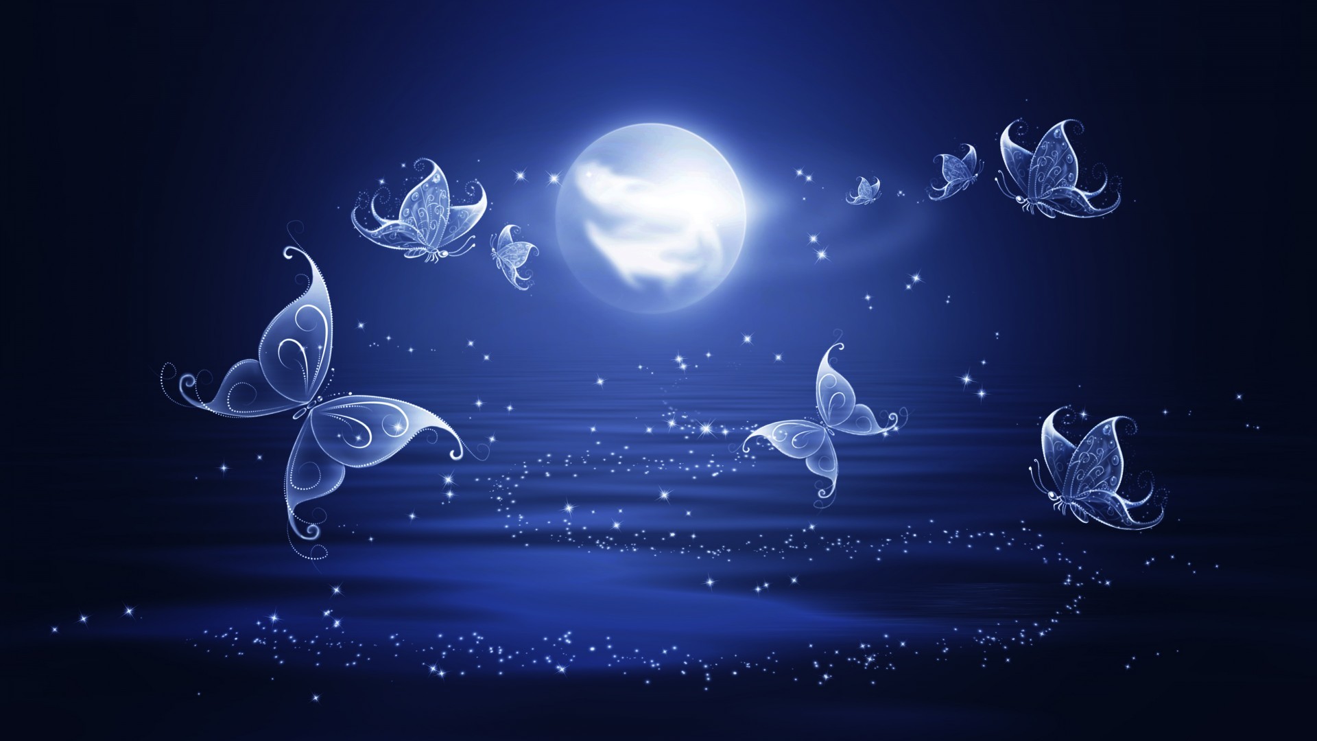 Farfalle, Luna, Notte, Blu, Arte digitale, 1920x1080, wallpaper desktop