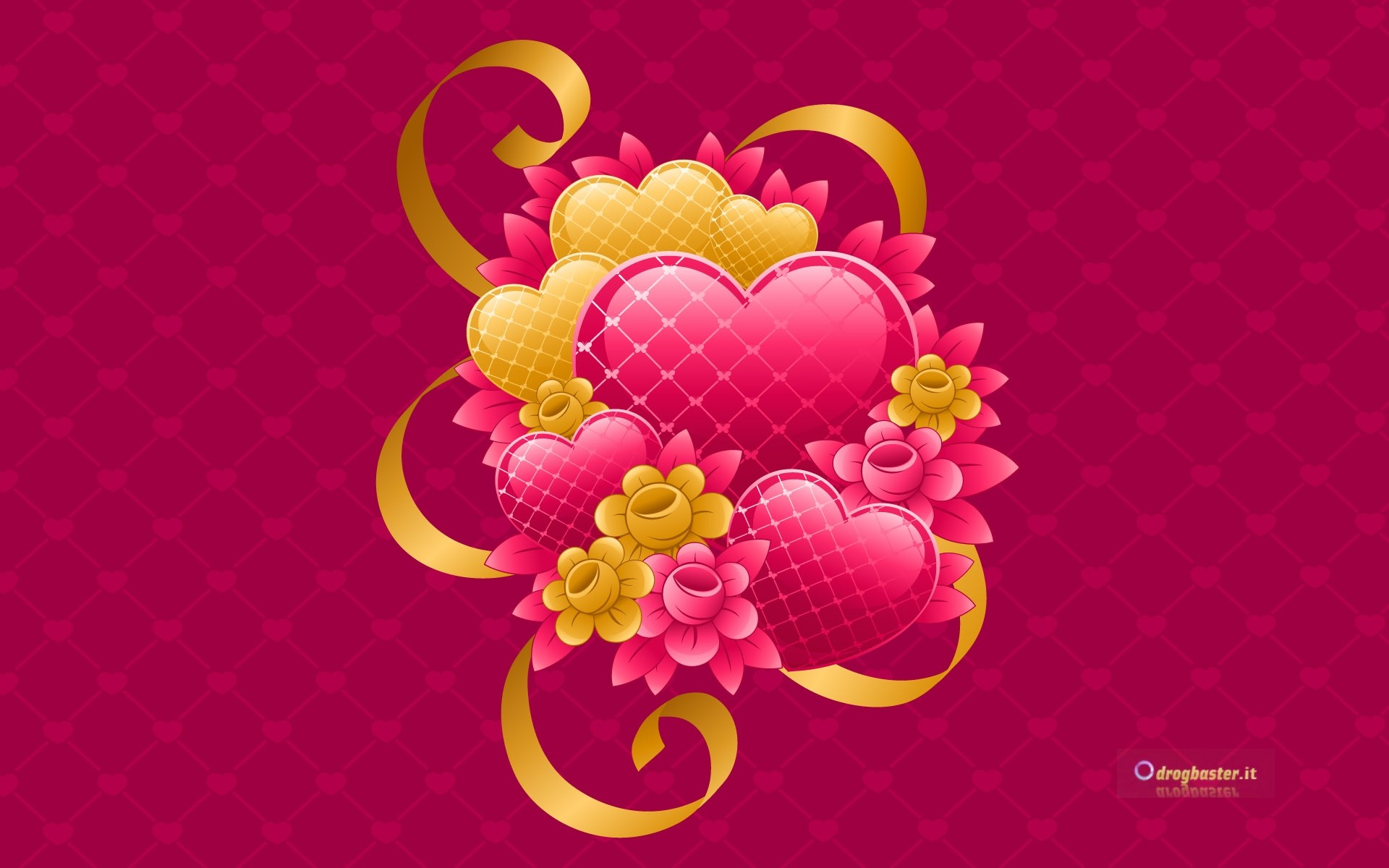 Cuori rosa, Fiori, Nastro dorato, Sfondo bordeaux, Full HD, wallpaper desktop