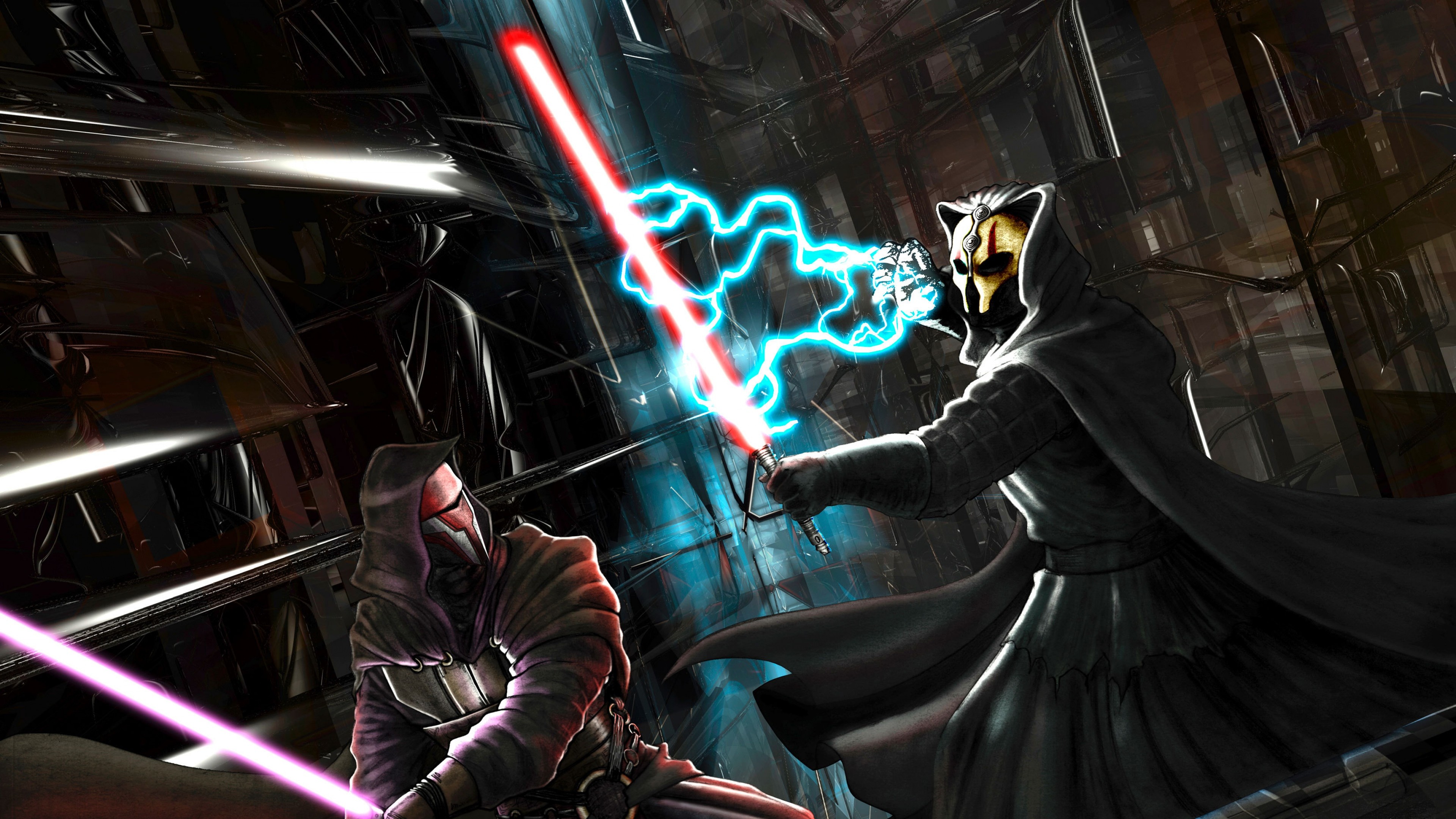 Darth Vader, Spade laser, Duello, Fulmini della Forza, 16:9 4K, sfondo widescreen