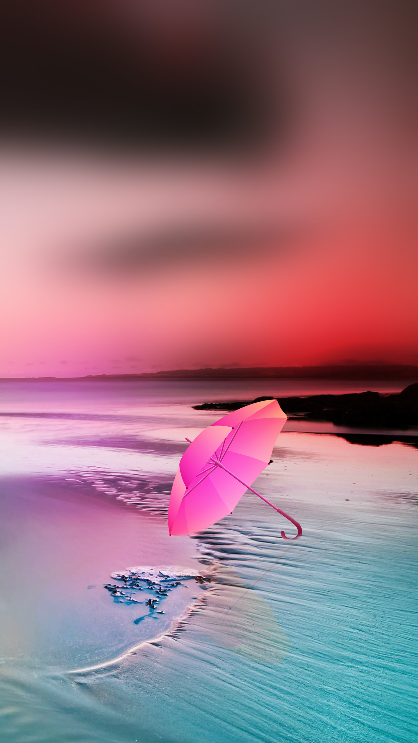Ombrello rosa, Spiaggia, Mare, Surreale, sfondo per Galaxy S7