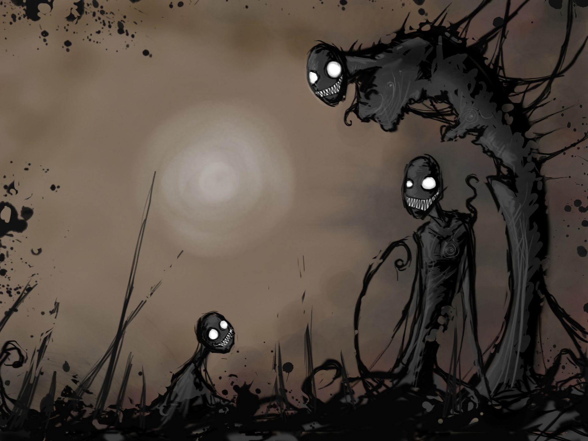 Creature inquietanti, Occhi luminosi, Nebbia, Illustrazione, Full HD, wallpaper per tablet