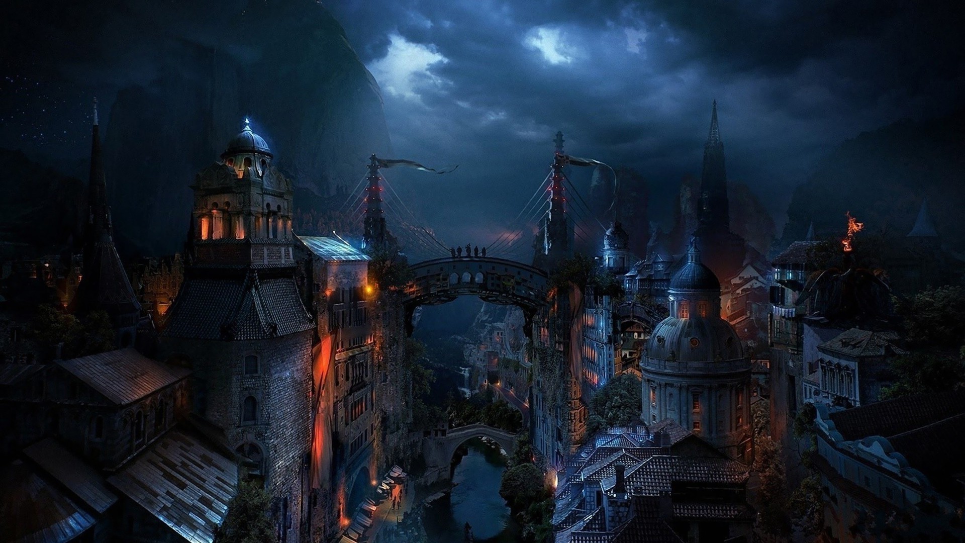 Città fantasy, Castello, Notte, Torri, Luci, 1920x1080, sfondo per PC
