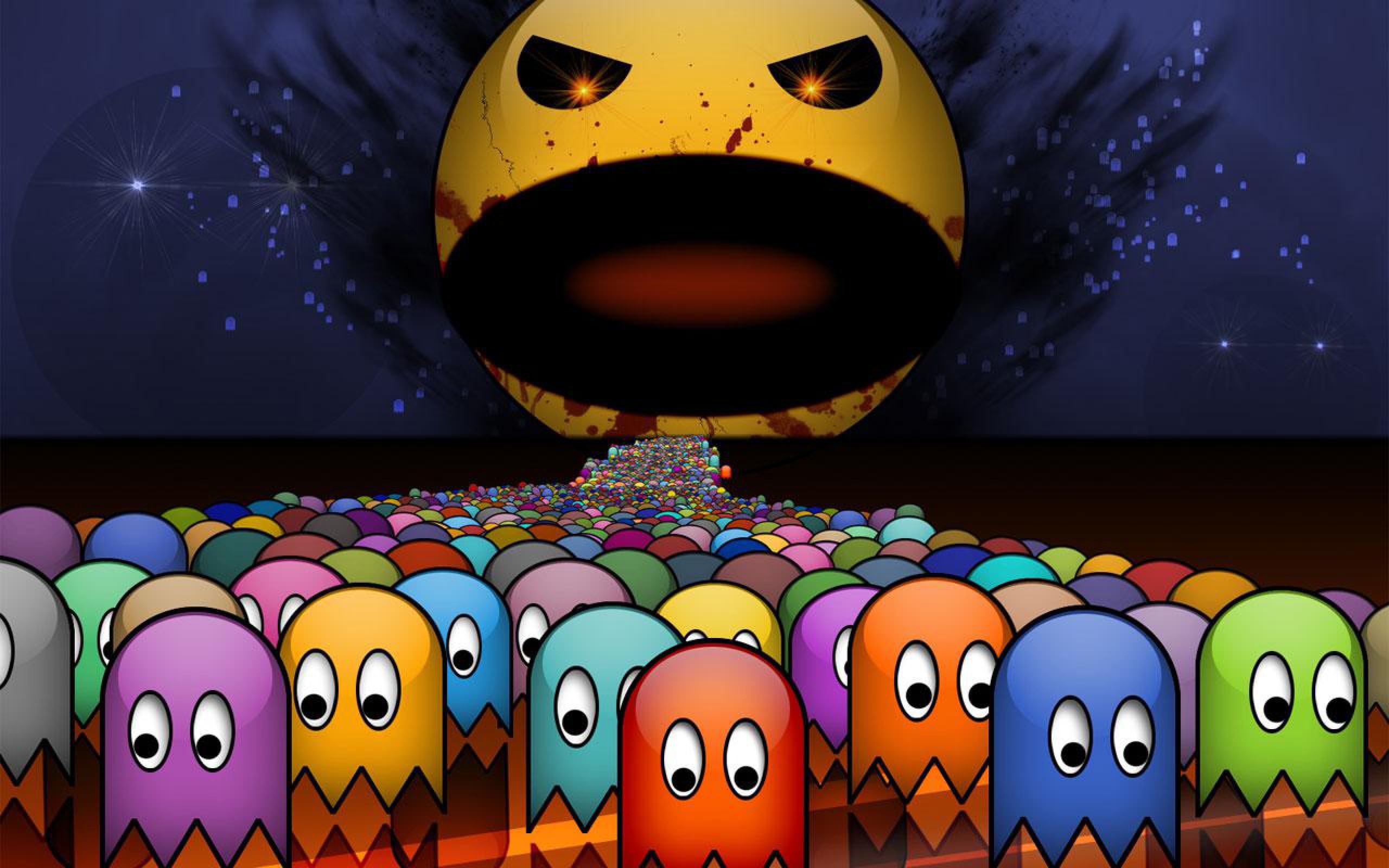 Pac-Man, Fantasmi, Horror, Folla, Notte stellata, 2K, sfondo Windows 11