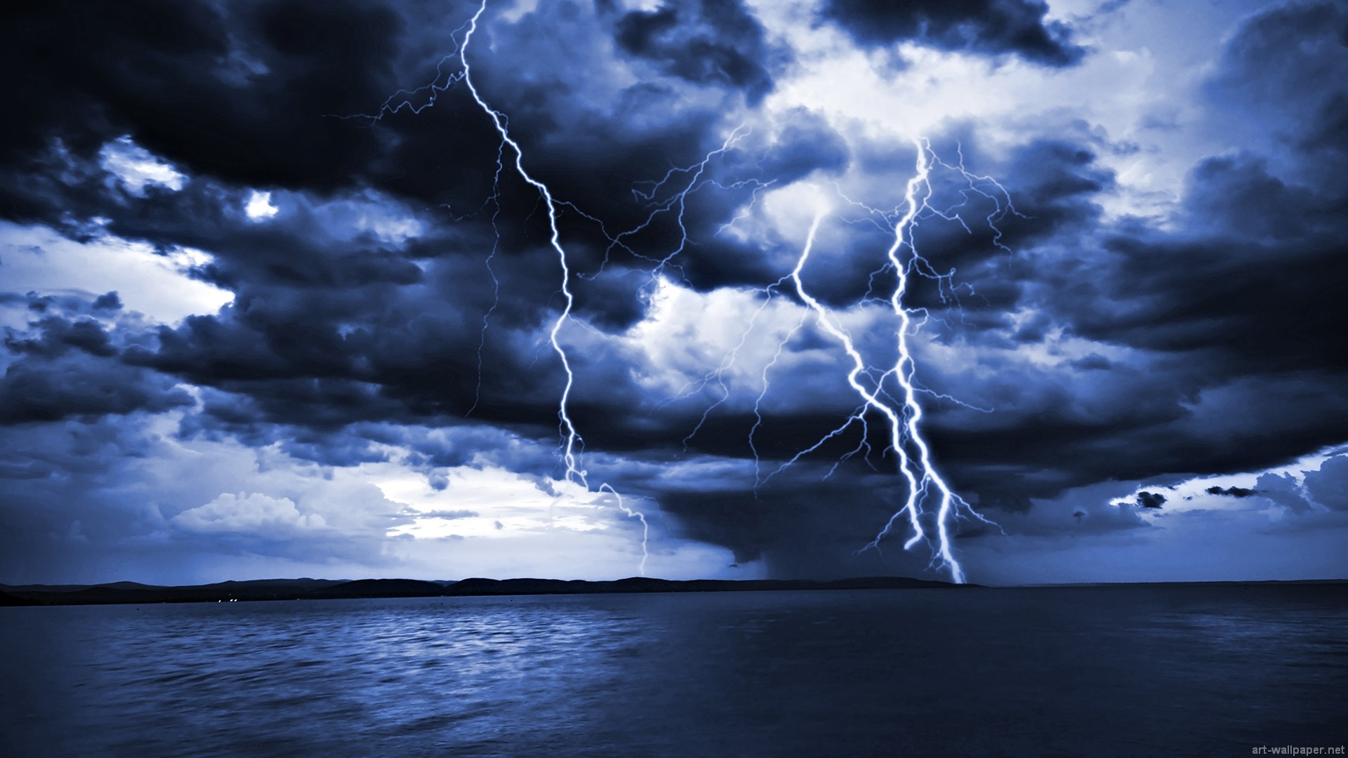 Fulmini, Temporale, Mare, Nuvole, Blu, Full HD, sfondo per portatile