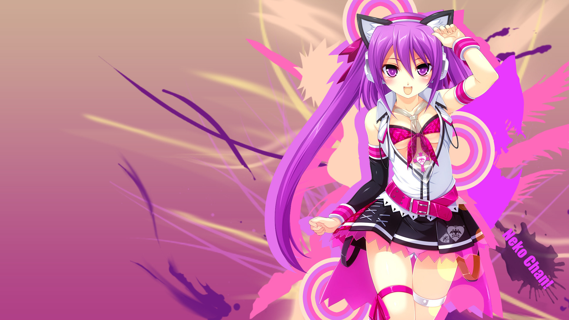 Ragazza anime, Orecchie da gatto, Capelli viola, Vettoriale, 16:9 Full HD, sfondo widescreen