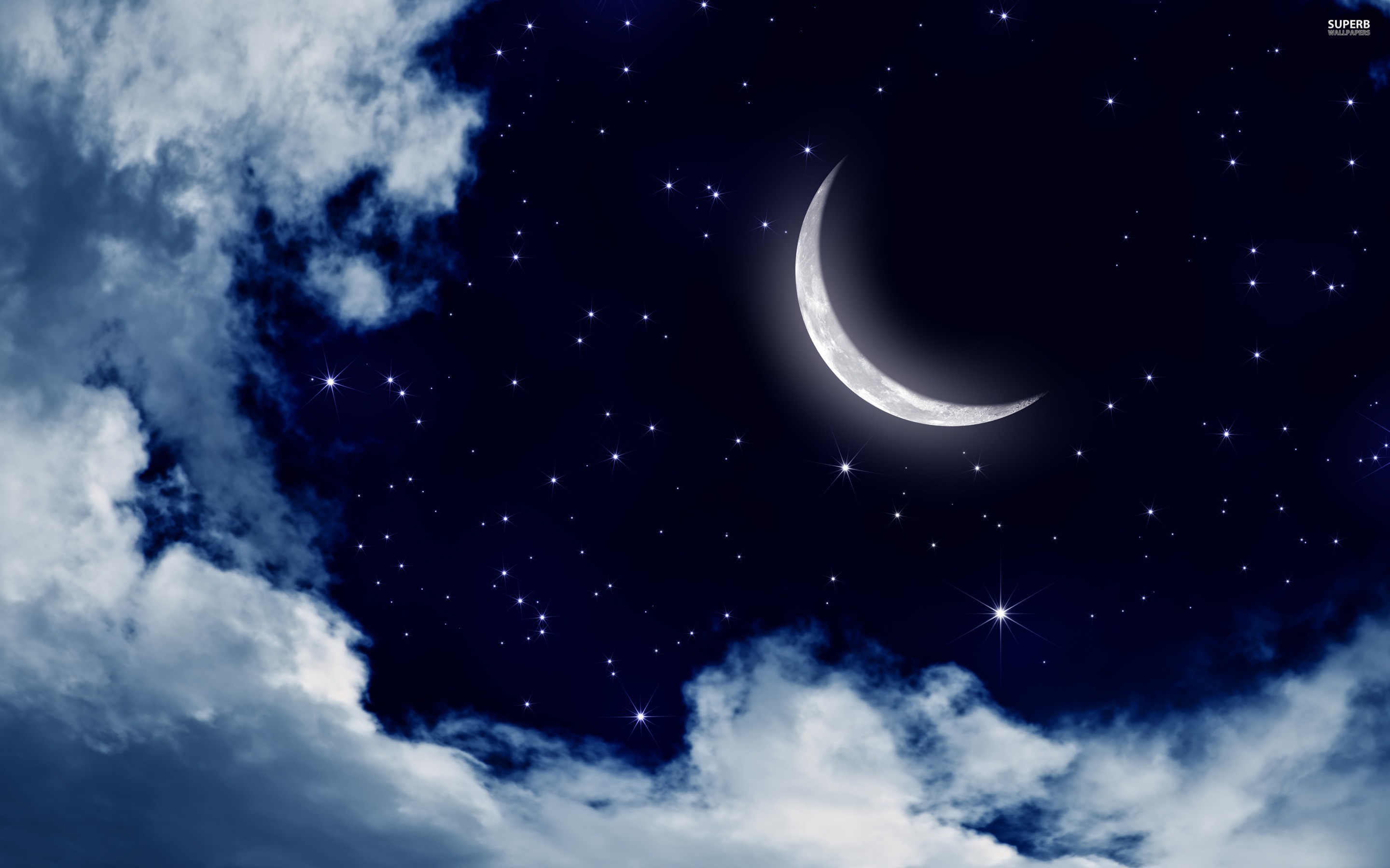 Luna crescente, Stelle, Nuvole, 2880x1800, sfondo per PC
