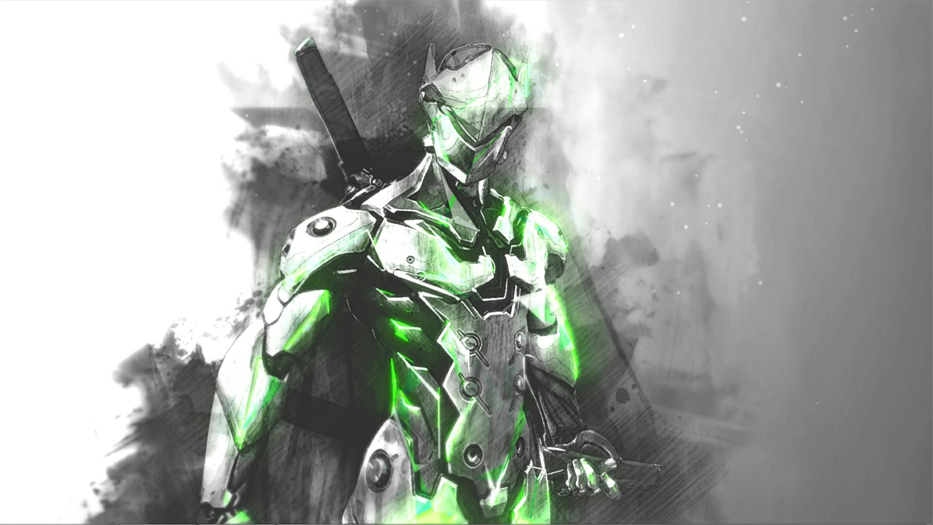 Genji, Overwatch, Acquerello, Bianco e verde, Full HD, sfondo Windows 11