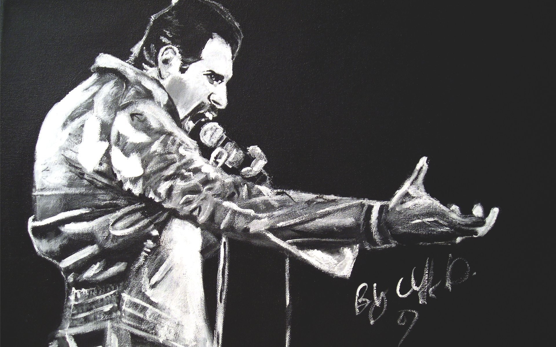 Freddie Mercury, Queen, Disegno, Bianco e nero, 16:10 Full HD, sfondo widescreen