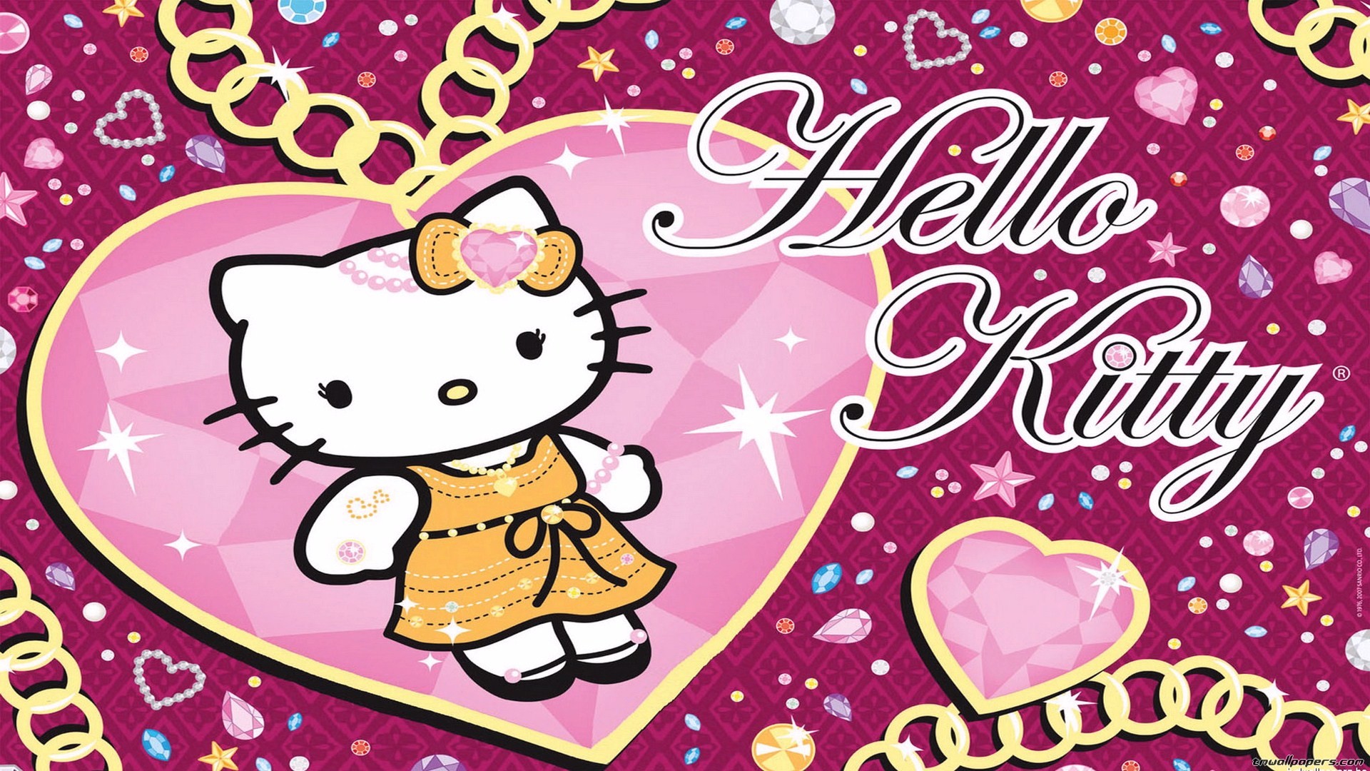 Hello Kitty, Cuore, Gioielli, Catene dorate, Scritta, 1920x1080, immagine di sfondo
