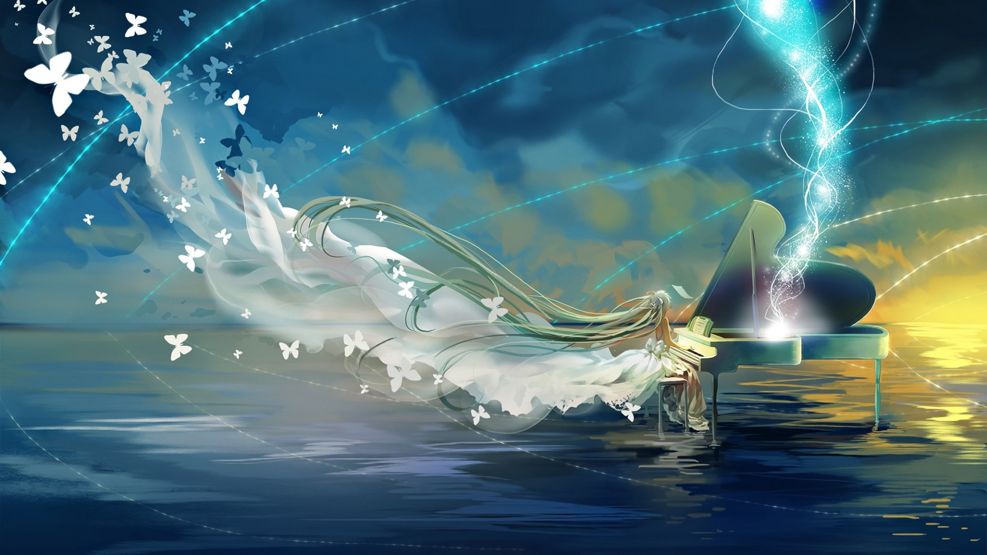 Hatsune Miku, Vocaloid, Pianoforte, Farfalle, Mare, Full HD 1080p, sfondo desktop