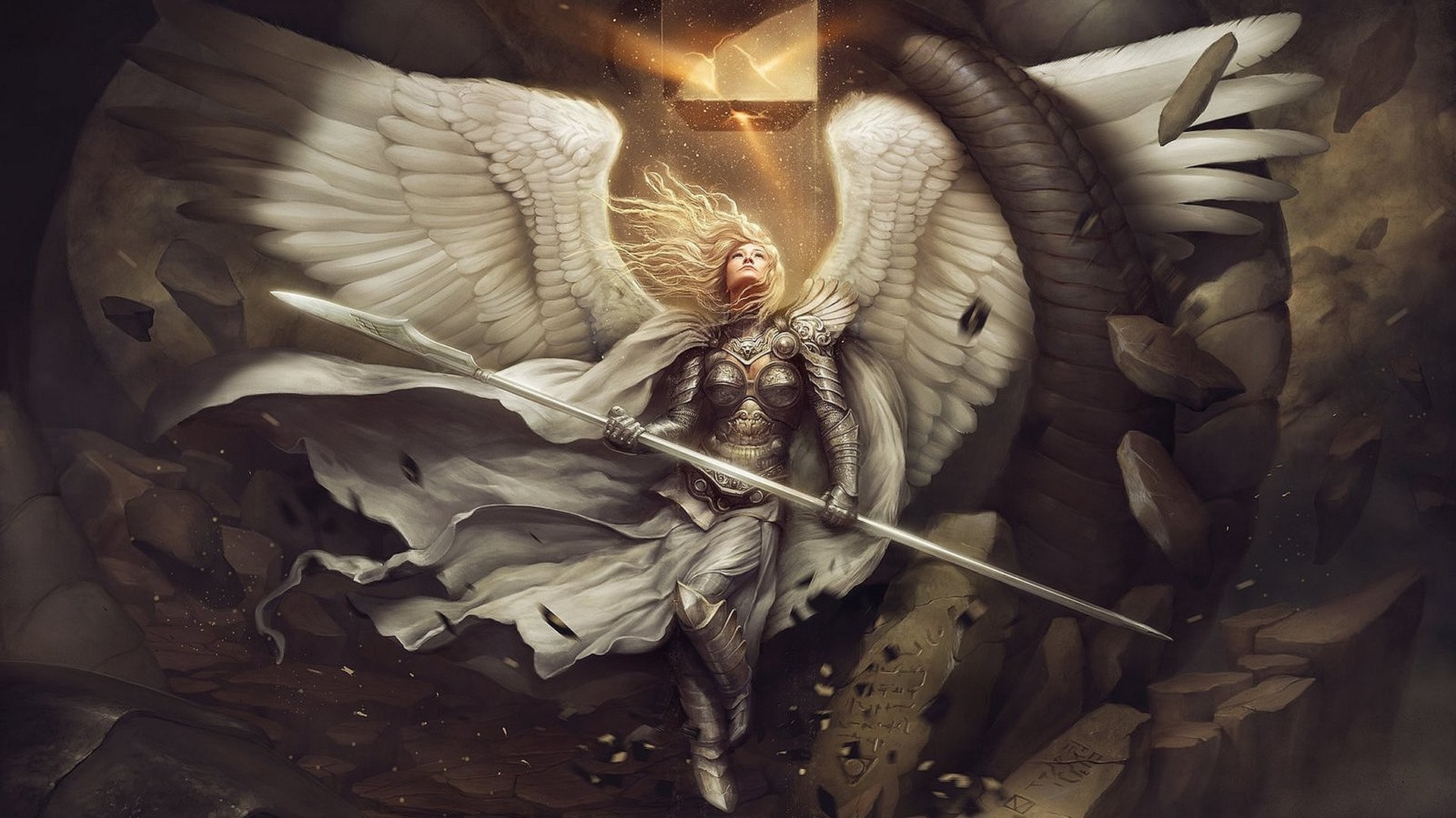 Angelo guerriero, Lancia, Armatura, Ali bianche, Arte fantasy, Full HD, sfondo desktop