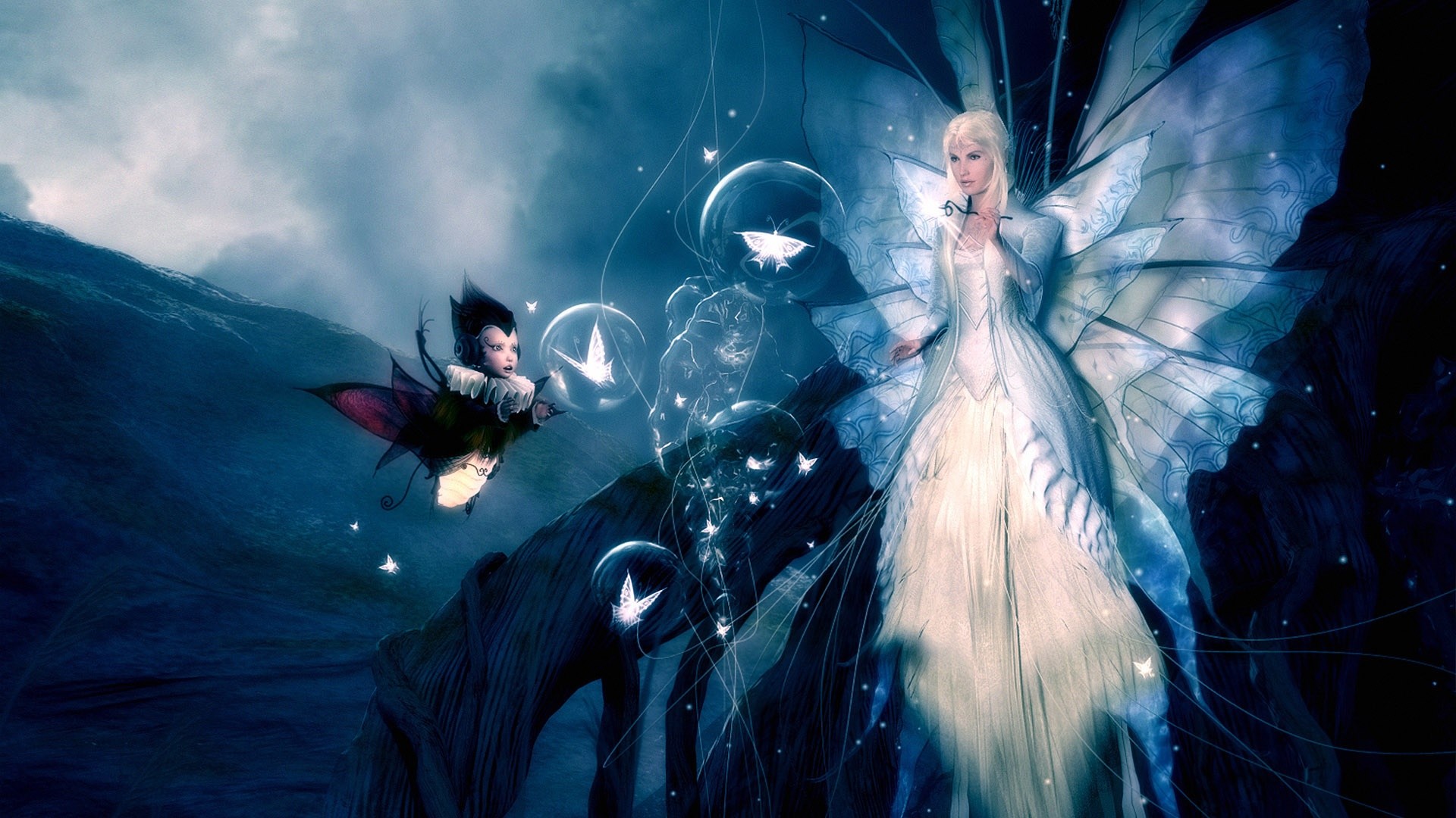 Fata, Ali di farfalla, Arte fantasy, Blu, 1920x1080, immagine di sfondo