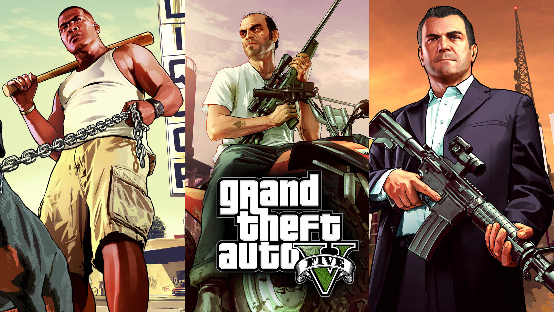 Franklin Clinton, Trevor Philips, Michael De Santa, Grand Theft Auto V, Logo, sfondo desktop