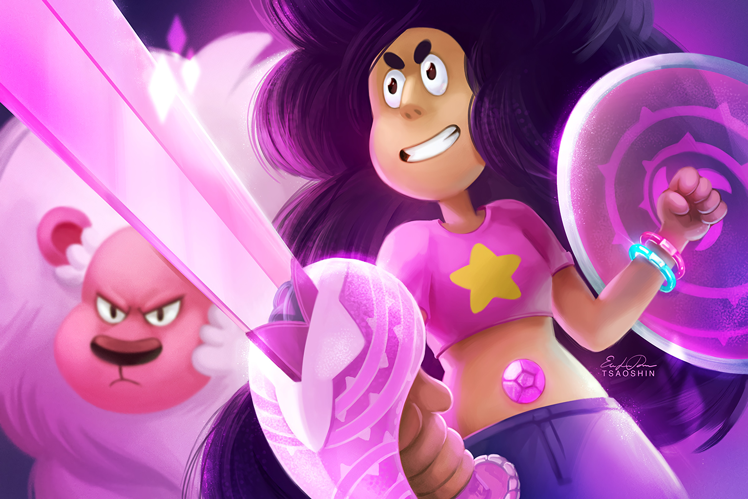 Stevonnie, Lion, Steven Universe, Scudo, Spada, Fan art, Full HD, sfondo Windows 11