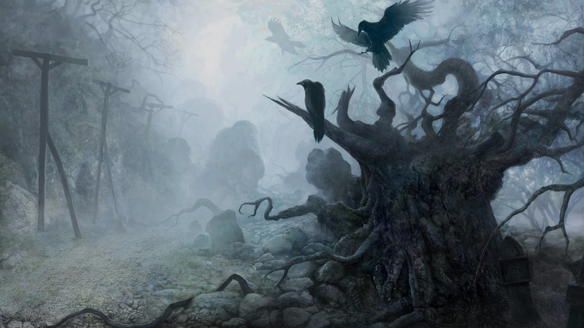 Albero contorto, Corvi, Nebbia, Foresta, Full HD, sfondo Windows 11