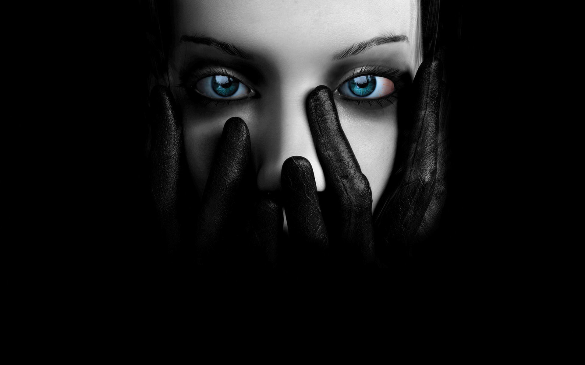 Volto femminile, Occhi azzurri, Mani nere, Sfondo nero, Bianco e nero, wallpaper desktop Full HD