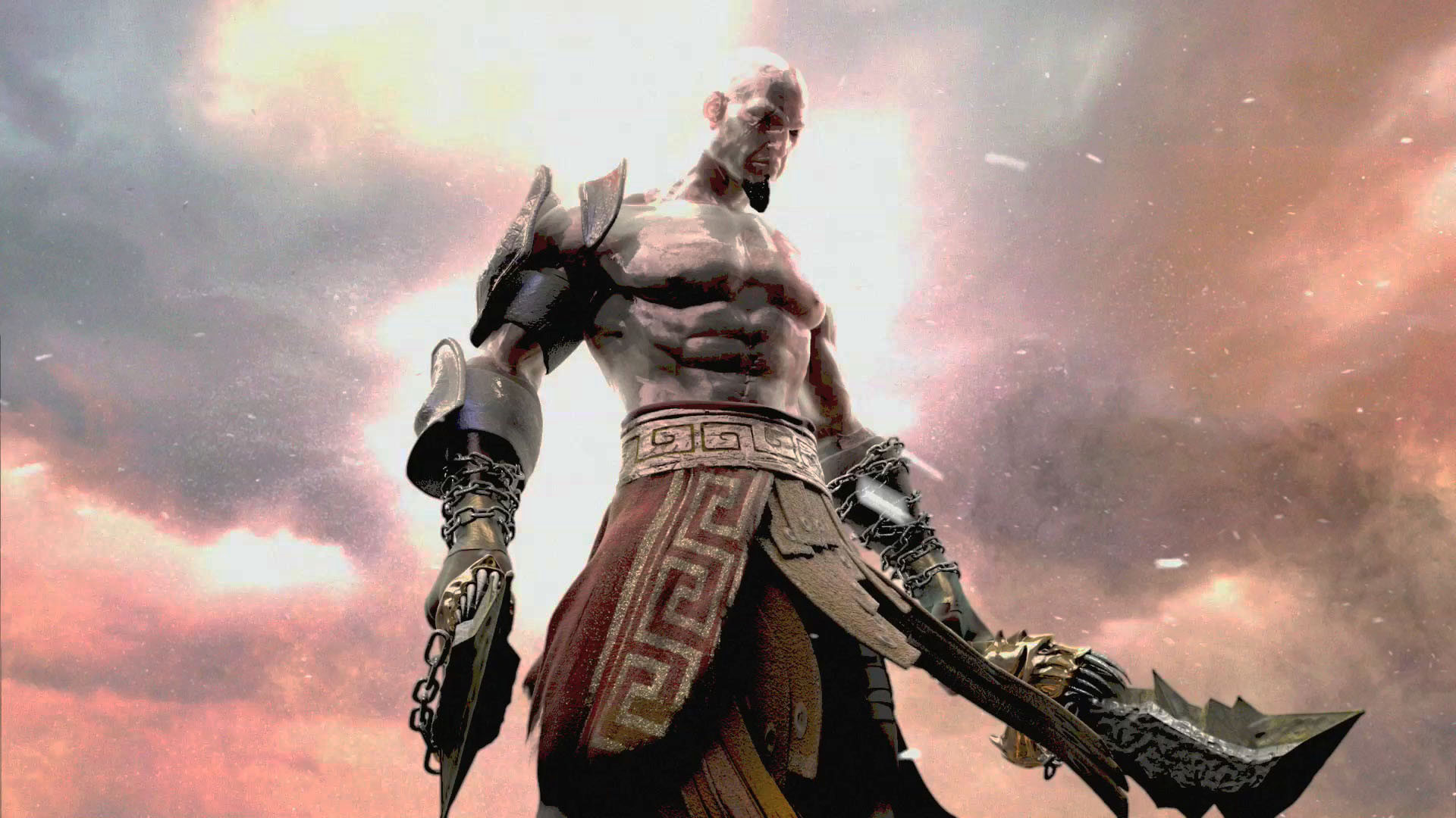 Kratos, God of War III, Lame del Caos, Armatura, Cielo, Full HD, sfondo per portatile