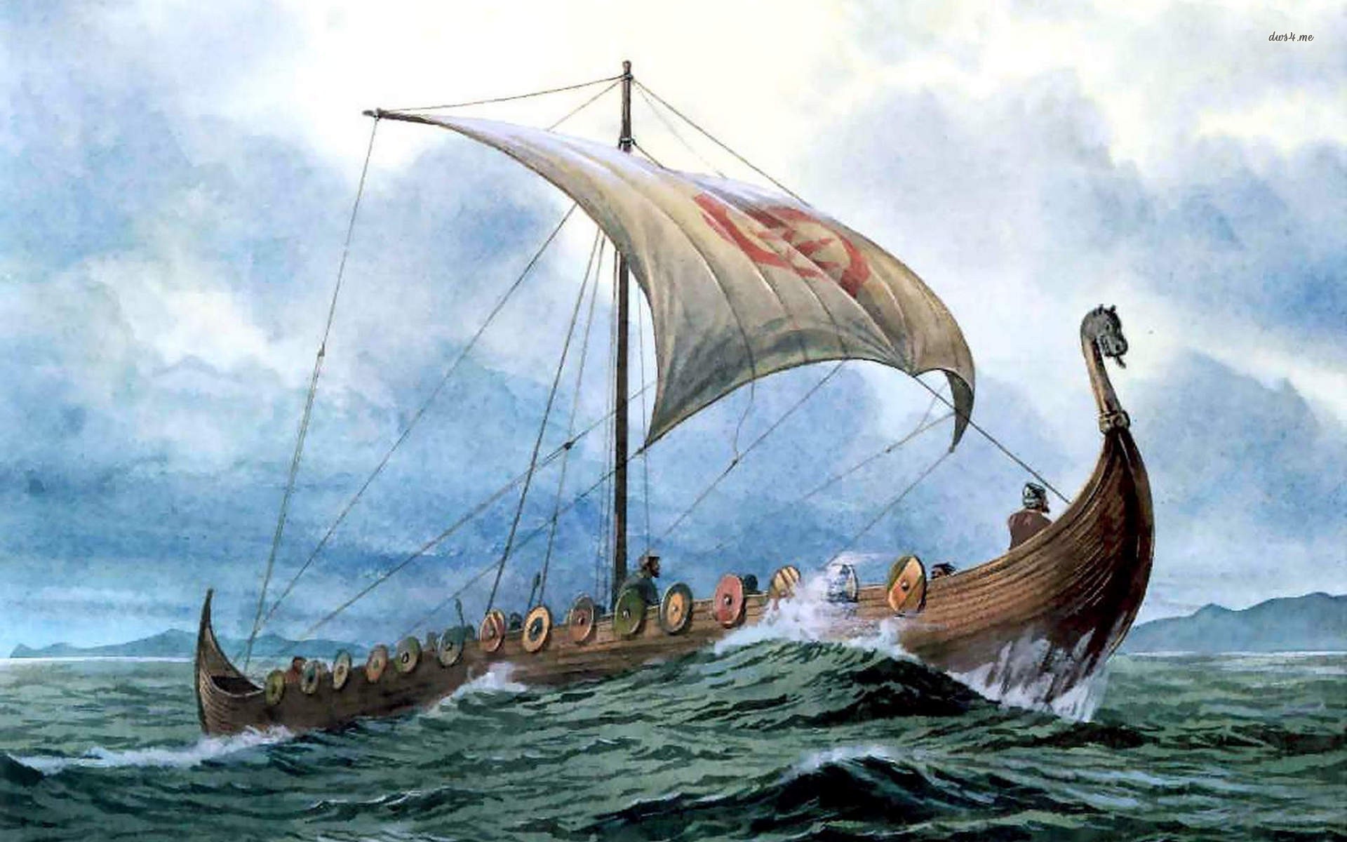 Drakkar, Vela, Mare, Pittura, Full HD, sfondo per PC e portatile