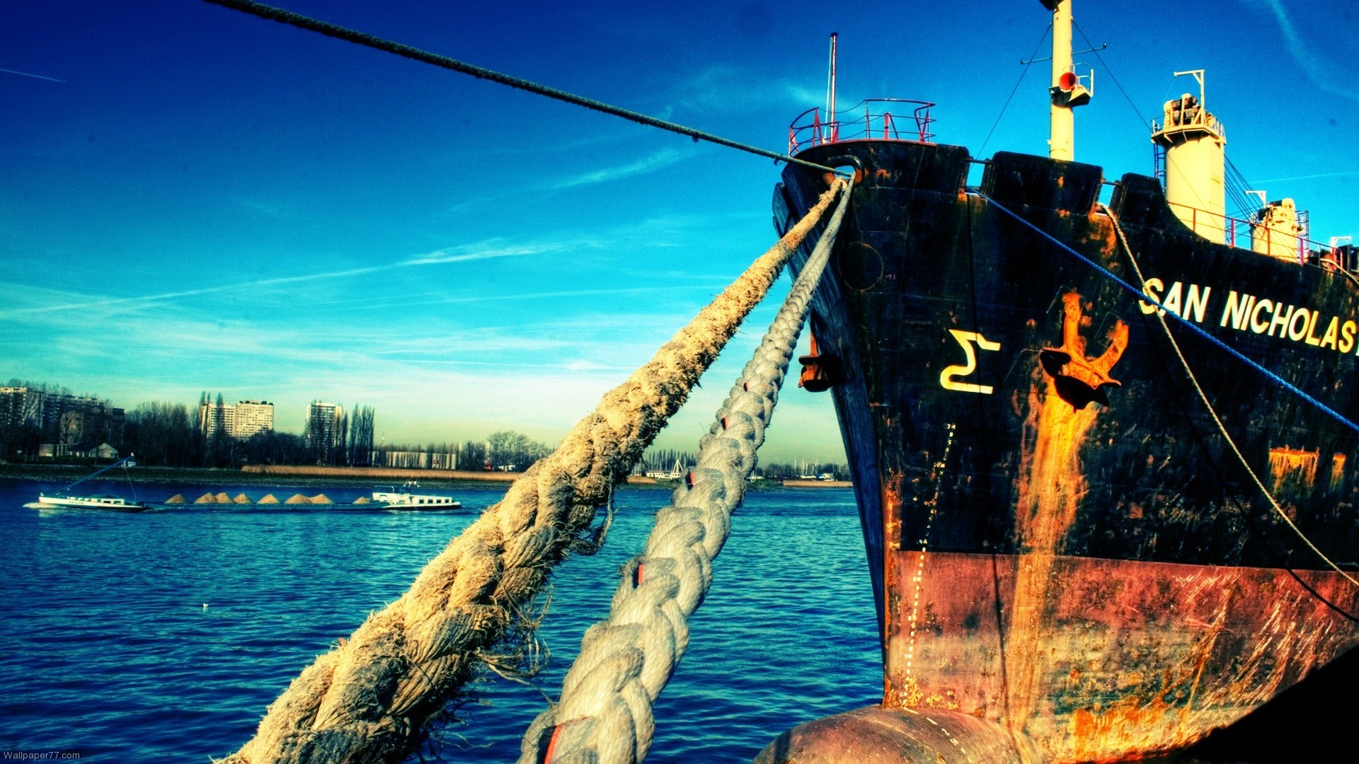 Nave cargo, Cime d'ormeggio, Porto, Mare, Full HD, wallpaper per PC