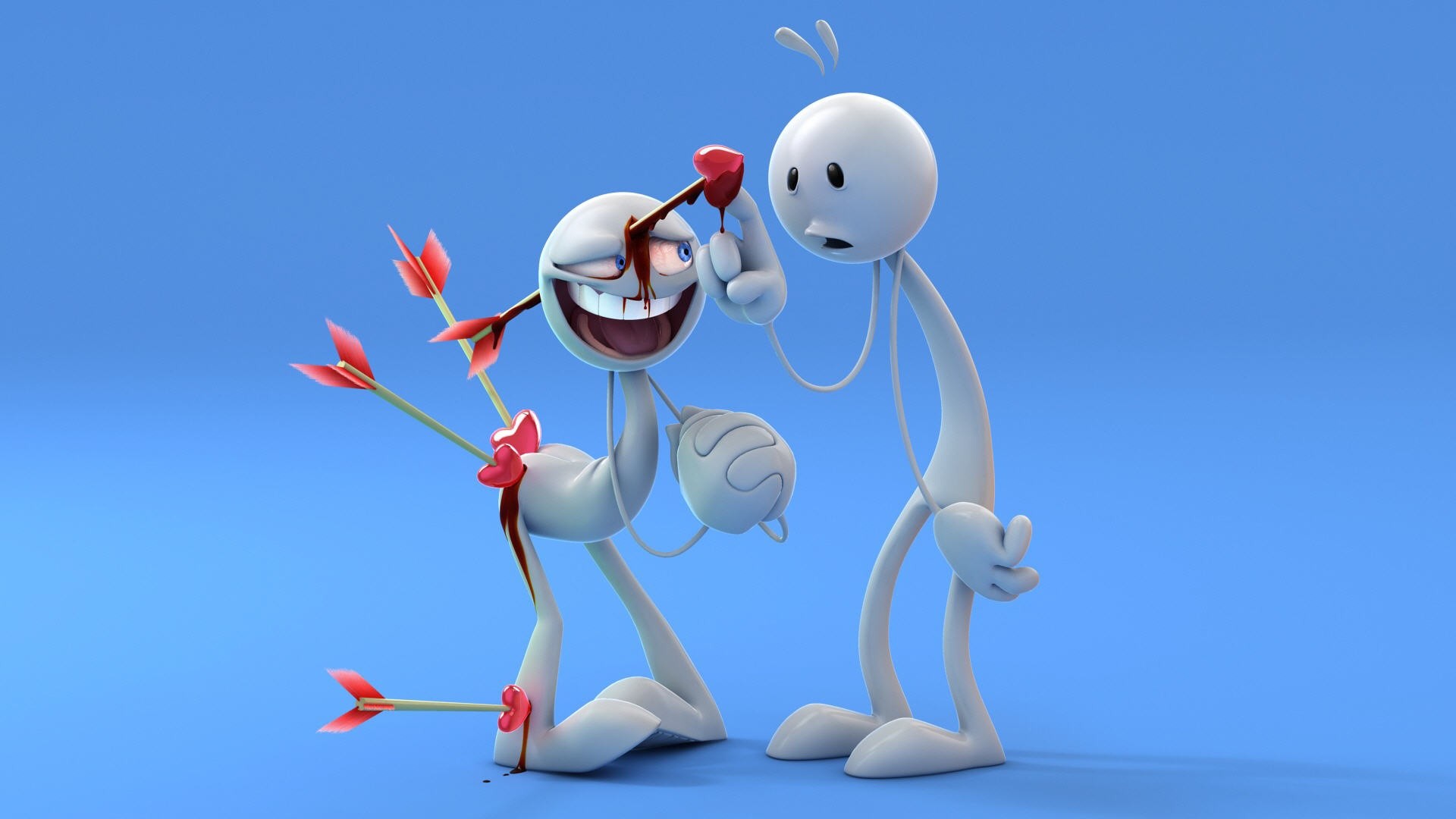 Omini 3D, Frecce di Cupido, Umorismo, Sfondo azzurro, wallpaper PC