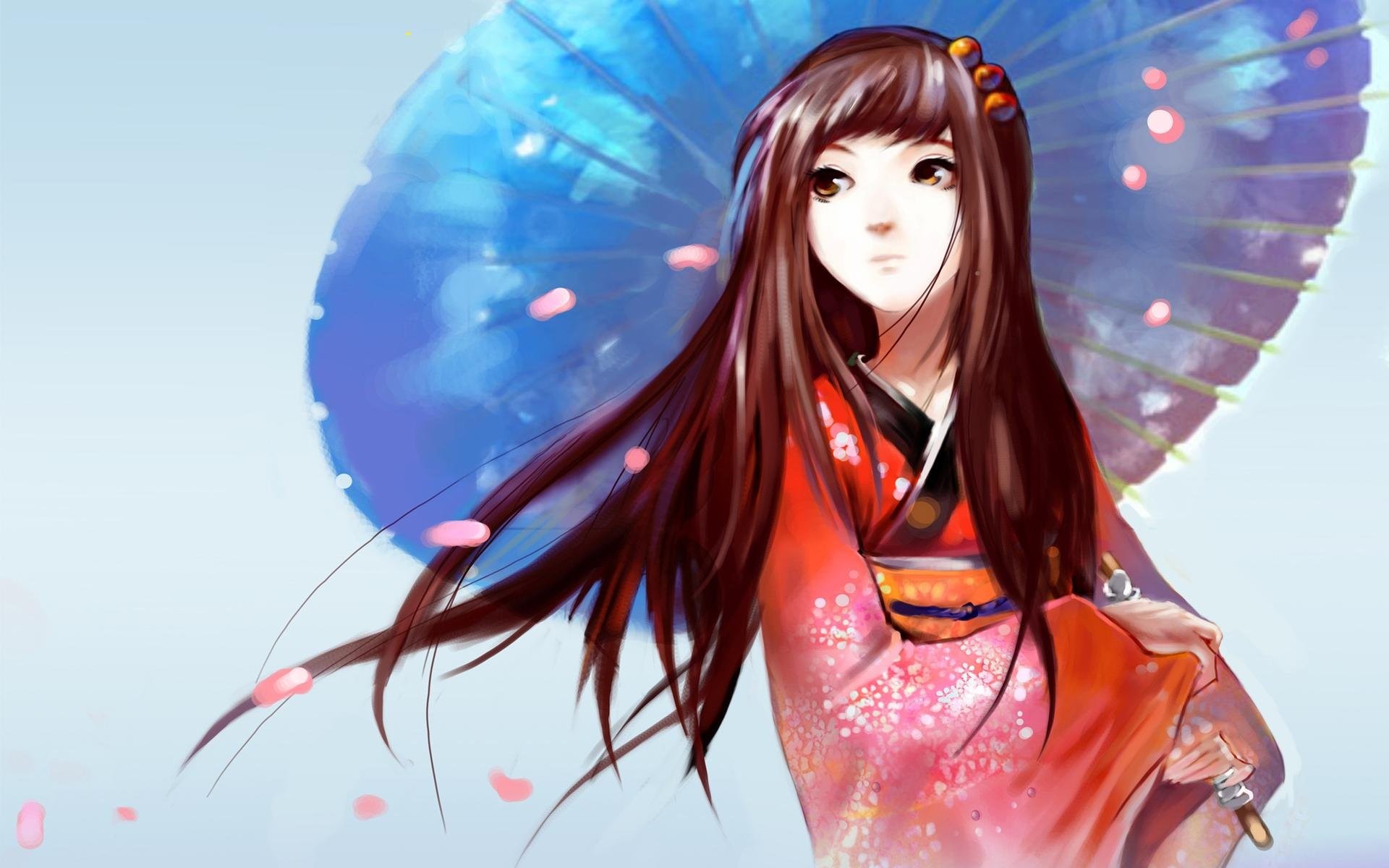 Ragazza in kimono, Ombrello di carta, Anime, Full HD, wallpaper per portatile